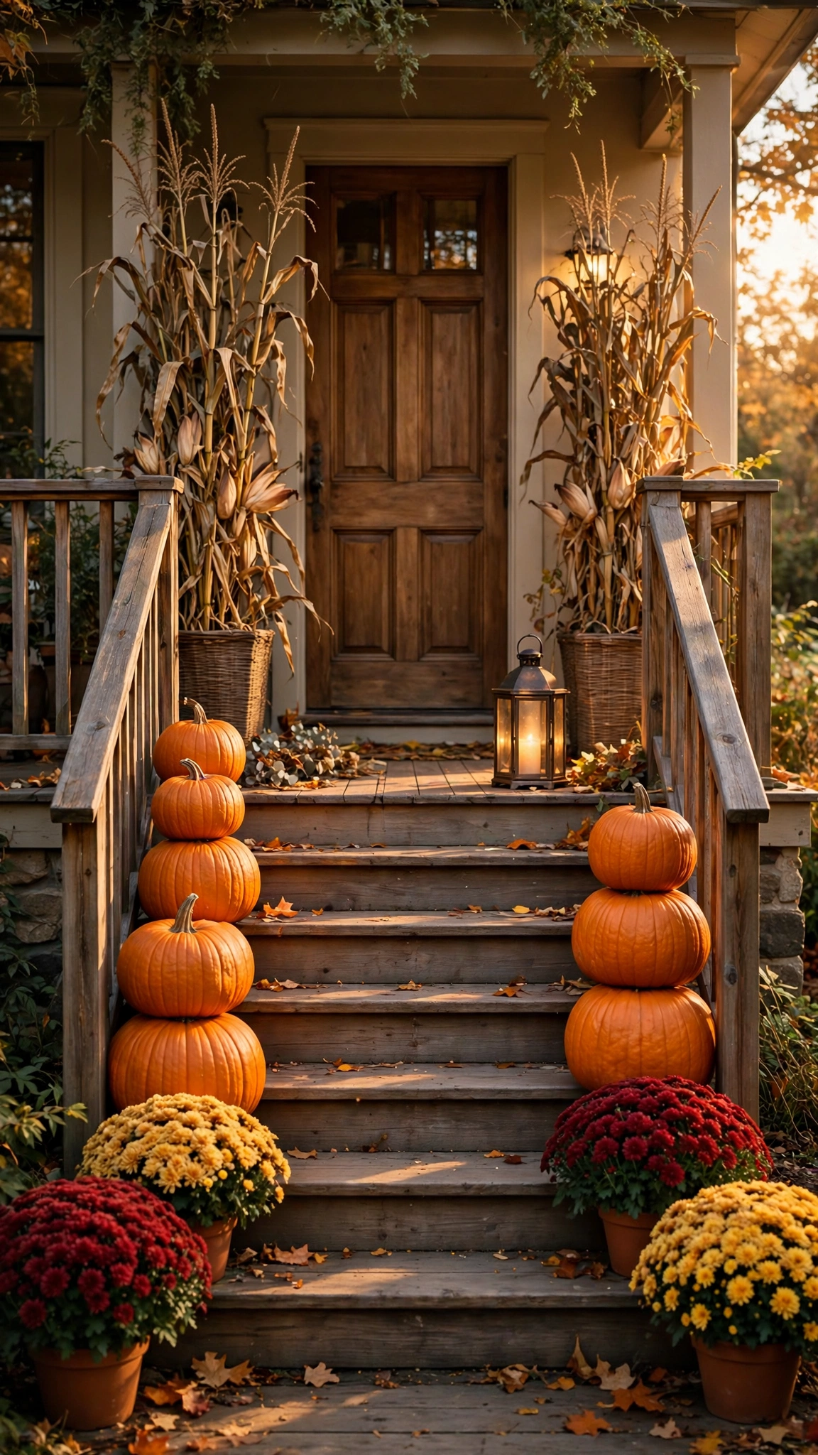 Front porch steps decorated with stacked pumpkins, mums and a lantern