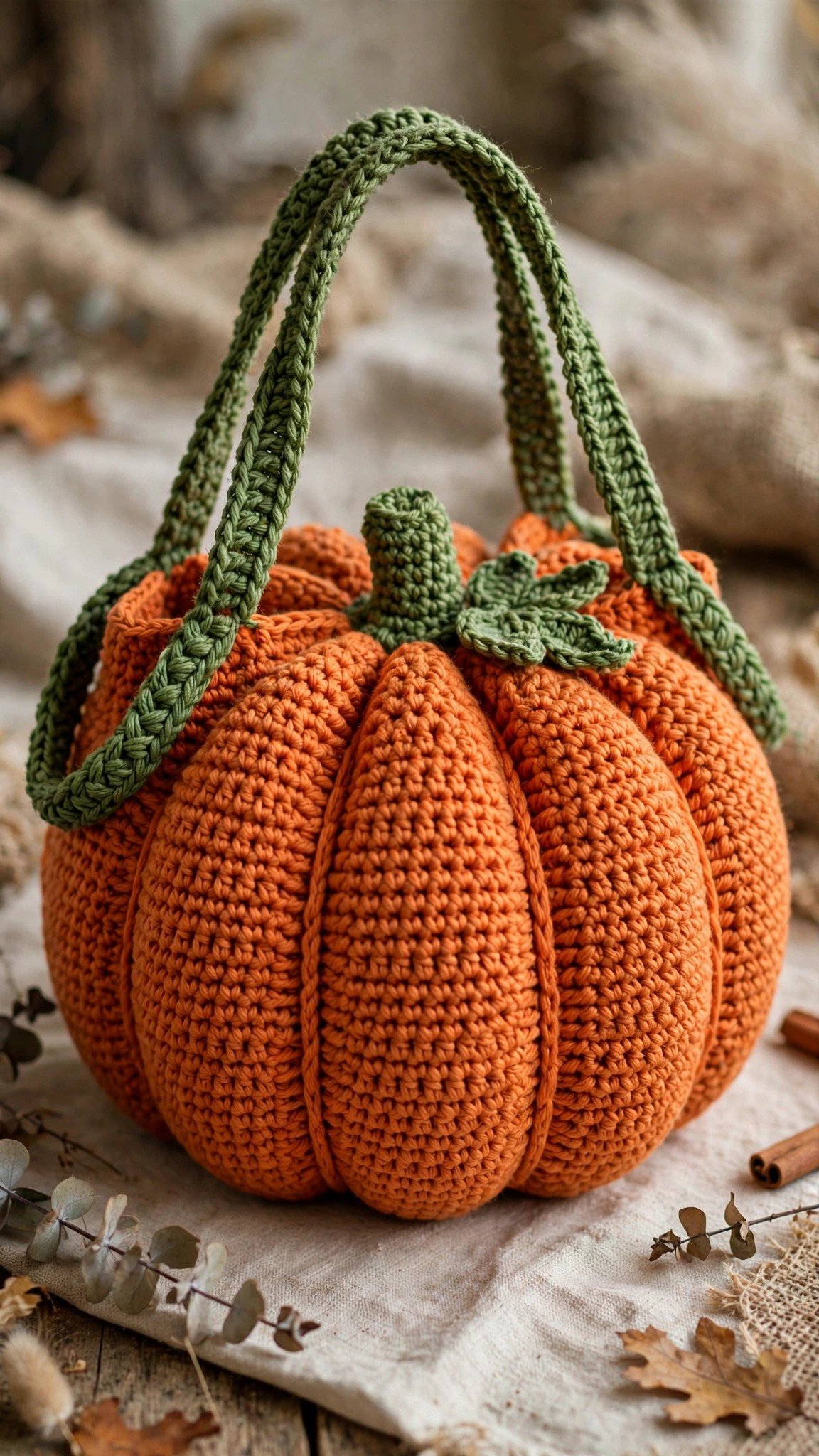 Crocheted pumpkin tote bag in orange with green handles