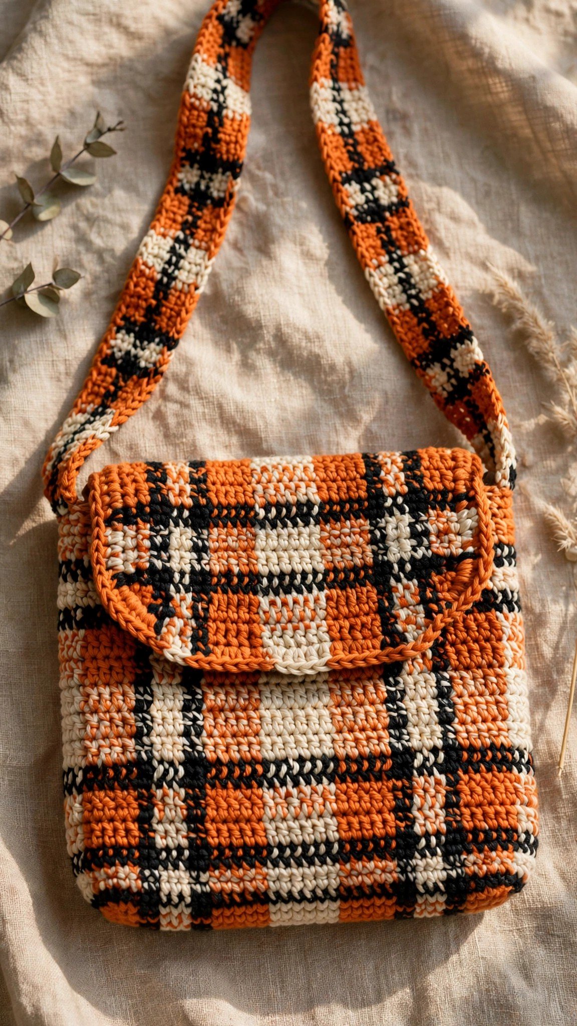 Plaid crochet crossbody bag in orange black and cream