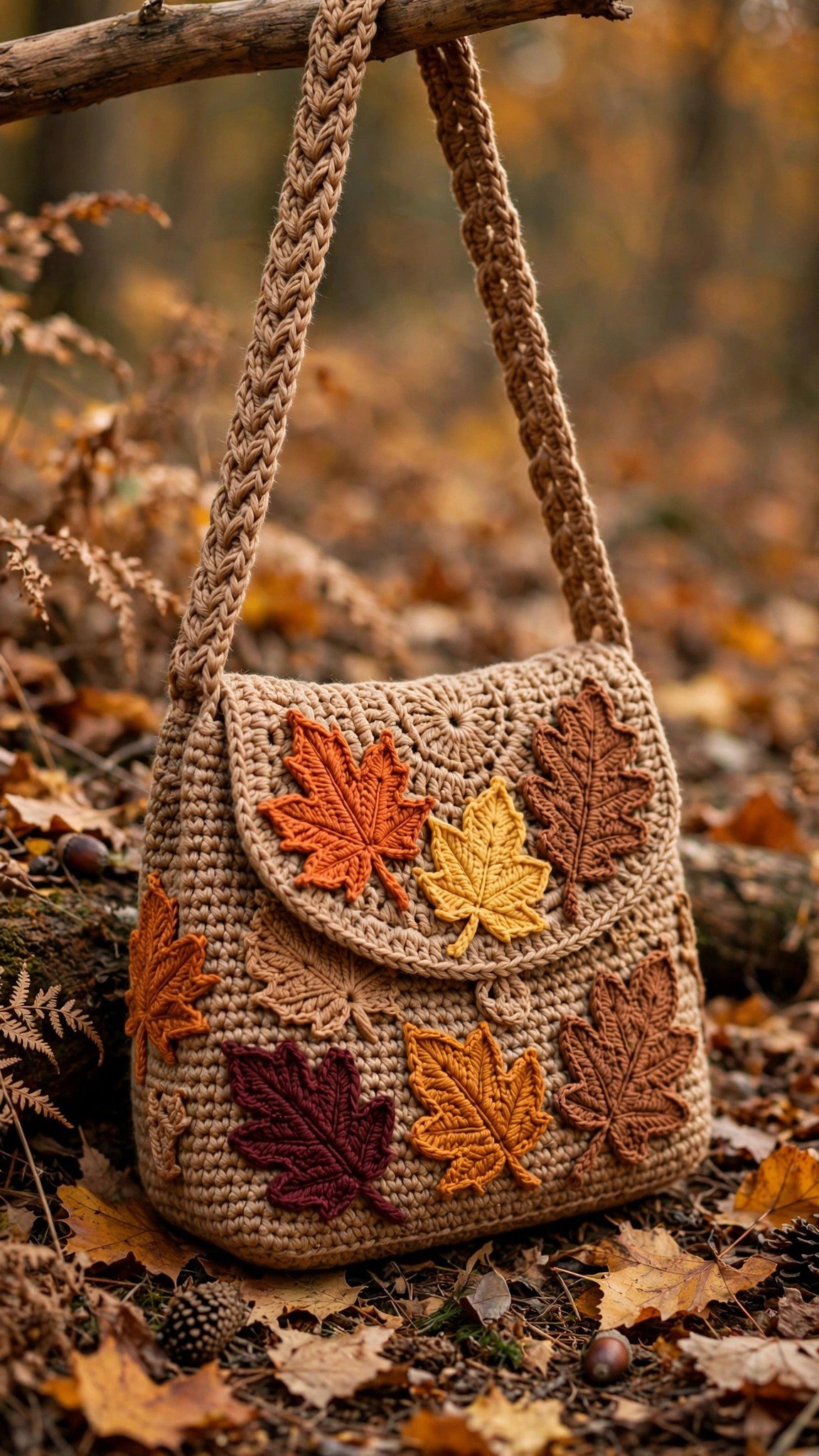 Shoulder bag with crocheted leaf appliqués in fall colors