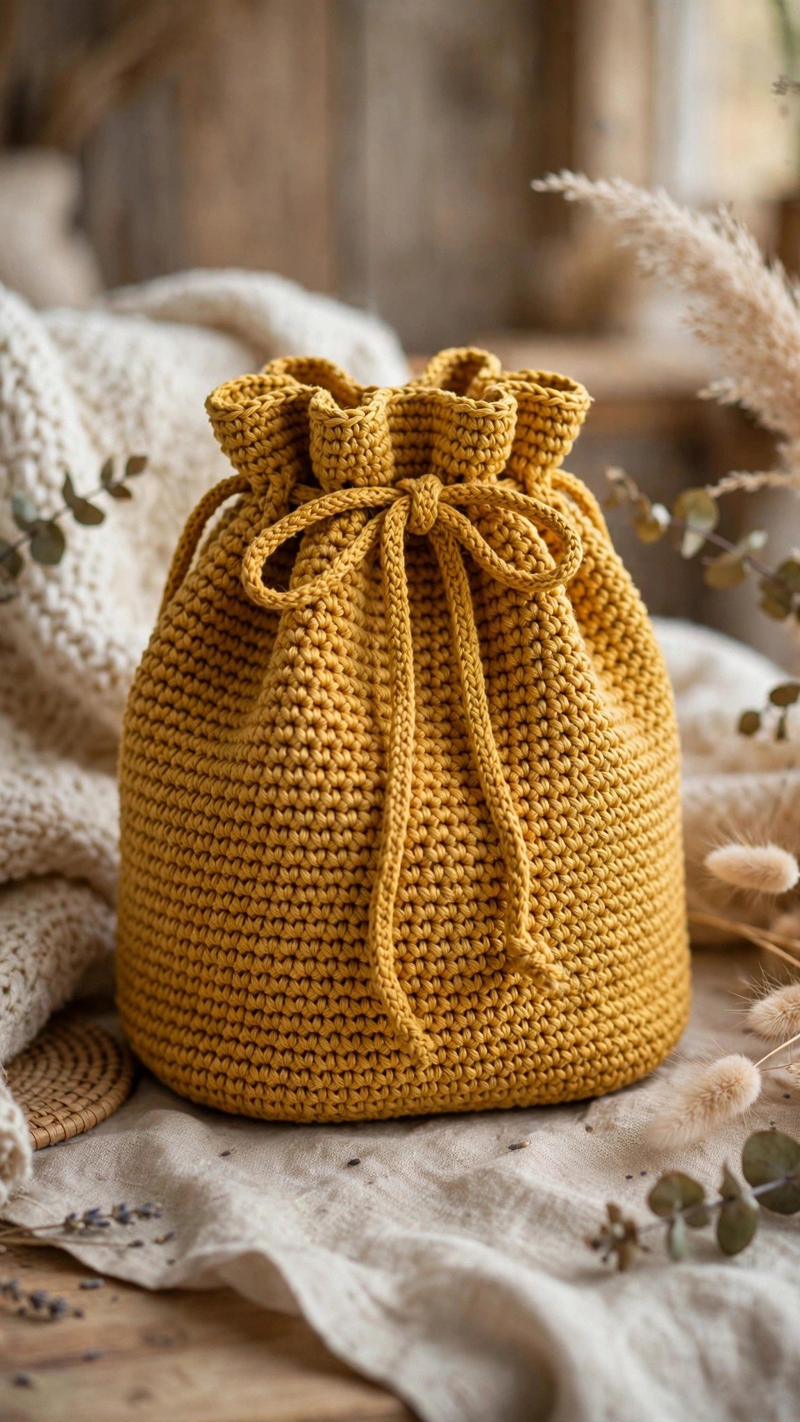 Cozy crochet bucket bag in mustard with drawstring closure