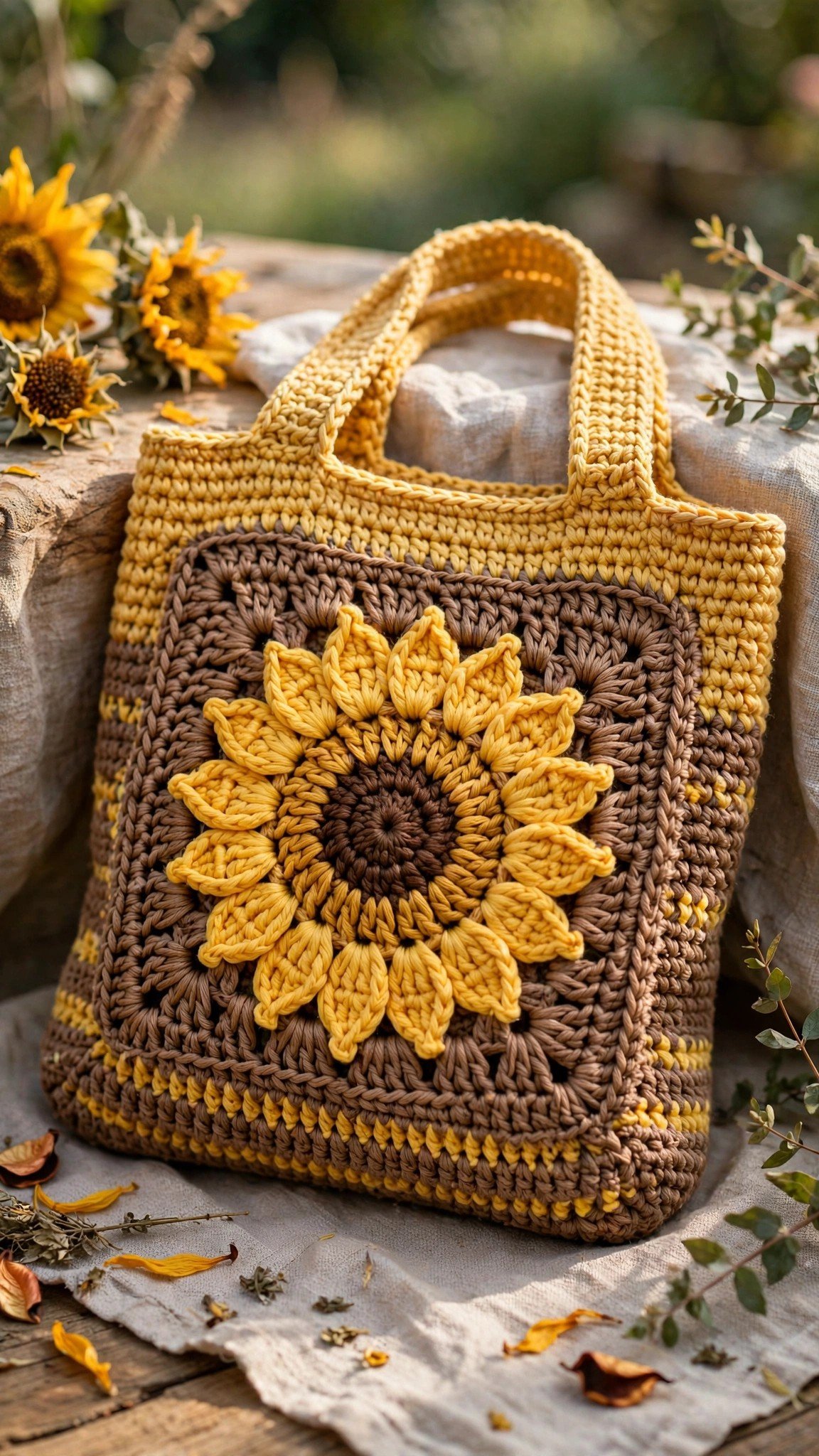 Crocheted market bag with sunflower motif in yellow and brown