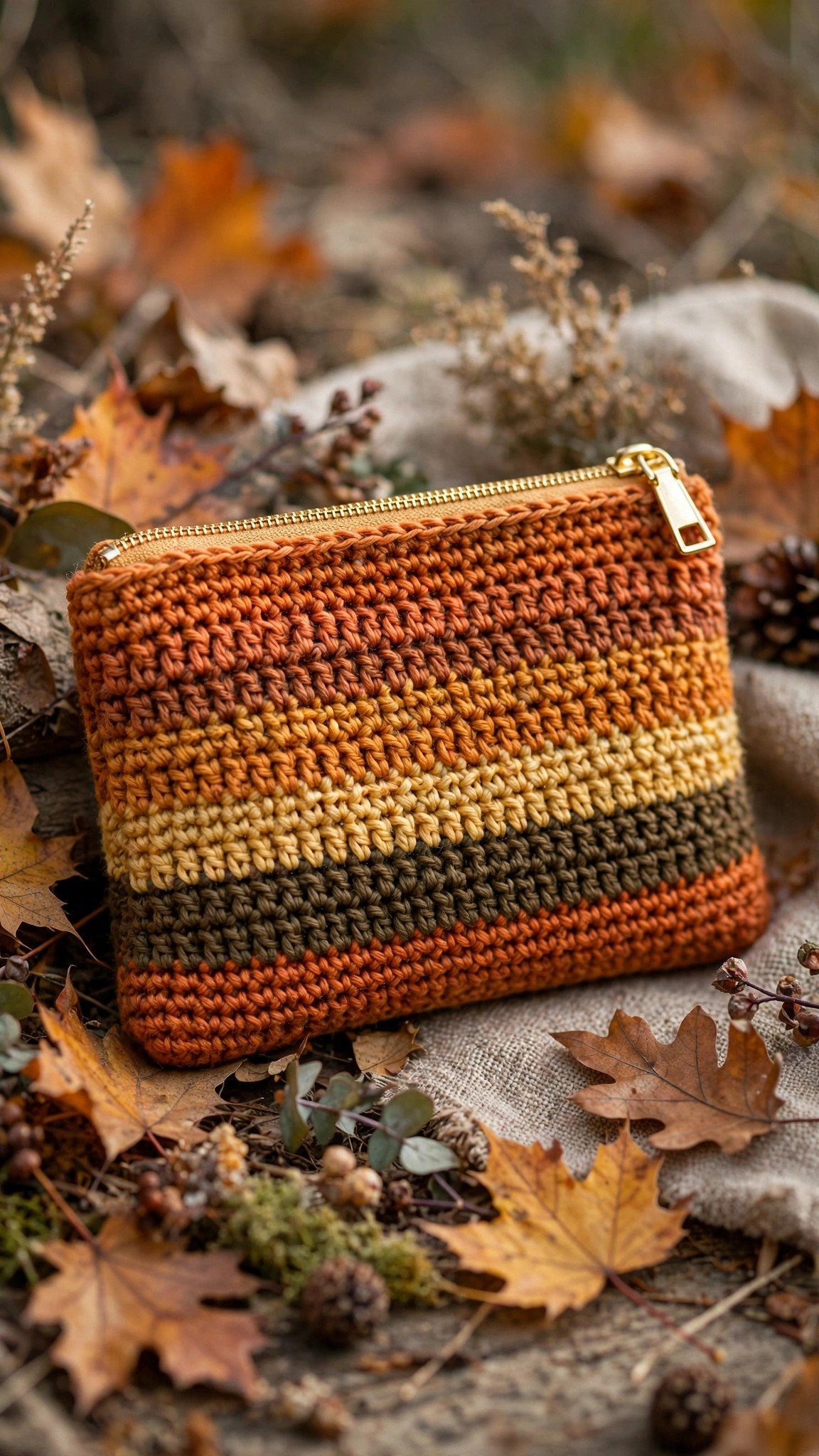 Striped crochet clutch in autumn colors with gold zipper