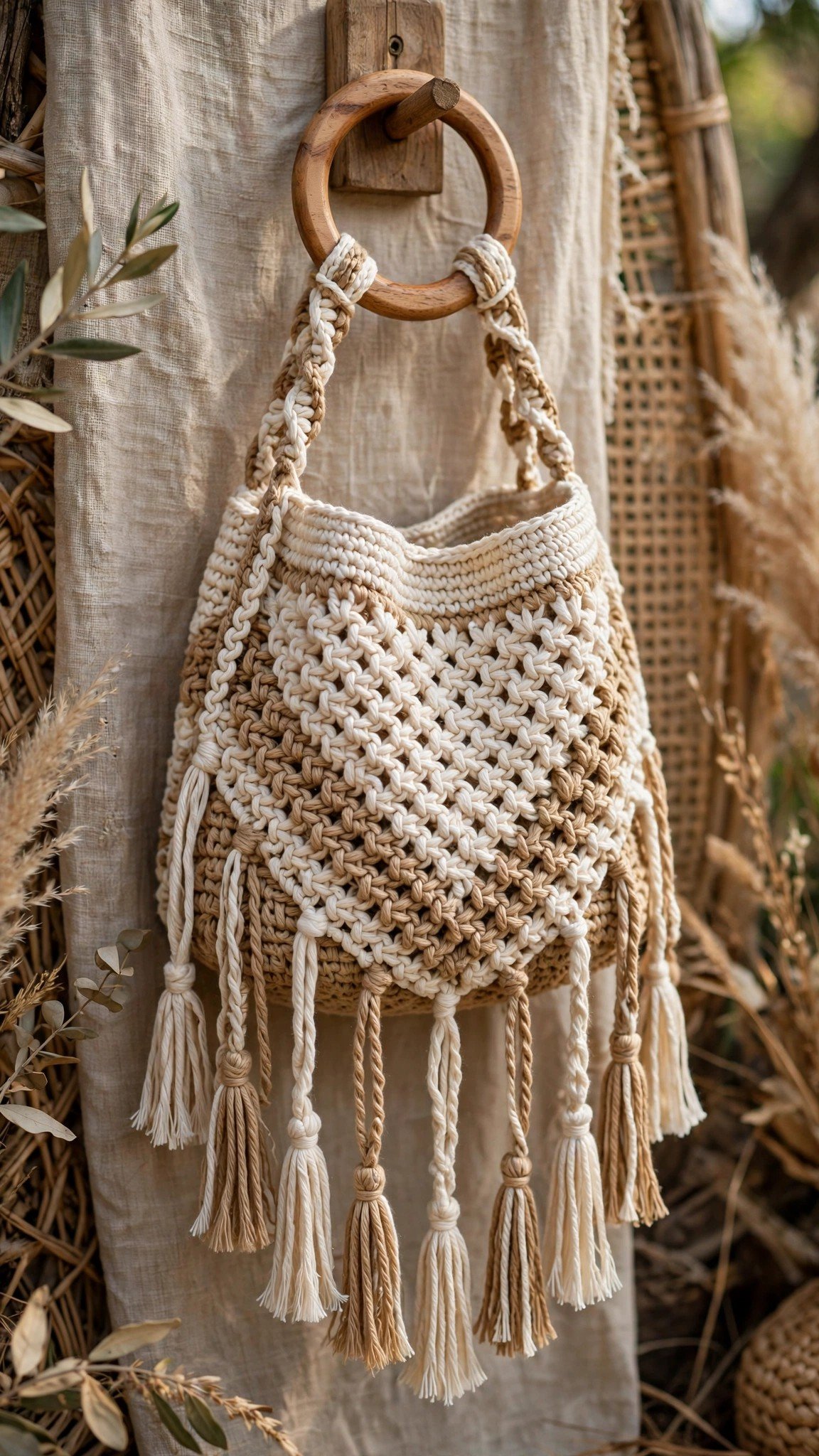 Boho crochet fringe bag in cream and tan with tassels