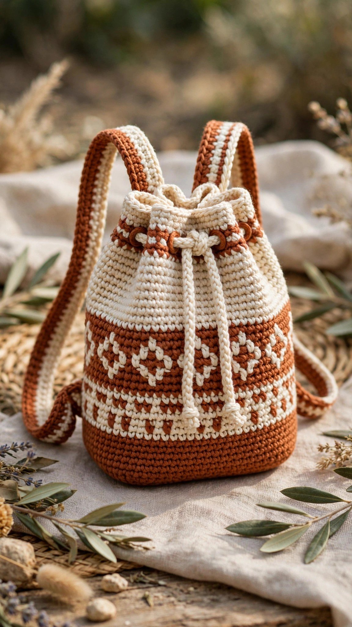 Mini crochet backpack in rust and cream with drawstring top