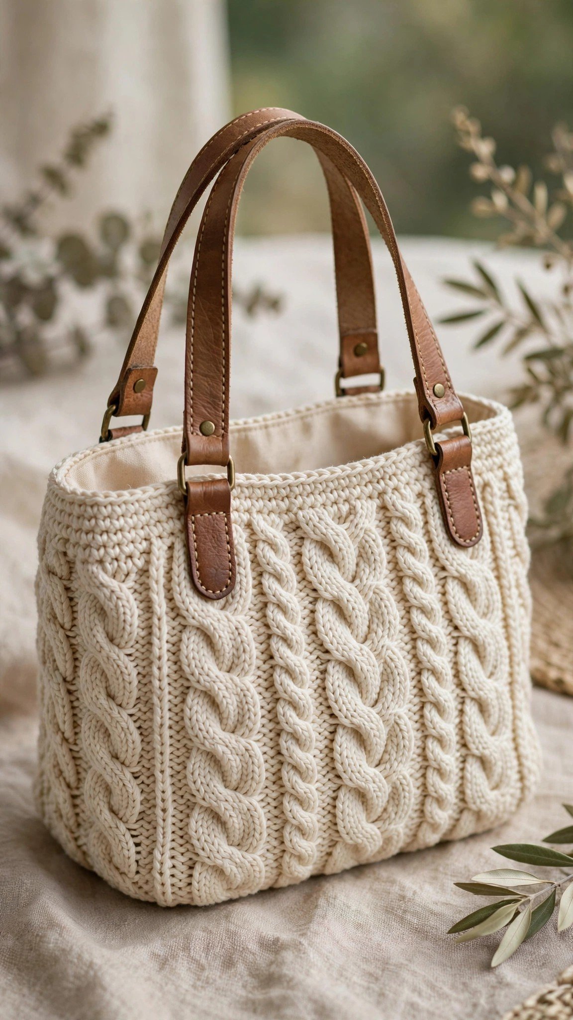 Cable-knit crochet handbag in cream with leather handles