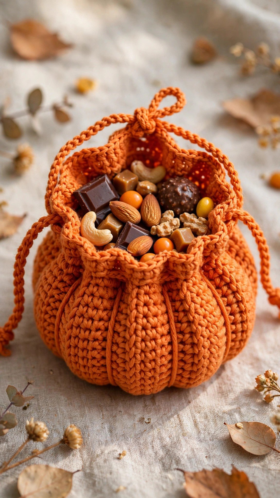 Small drawstring pumpkin pouch in orange crochet