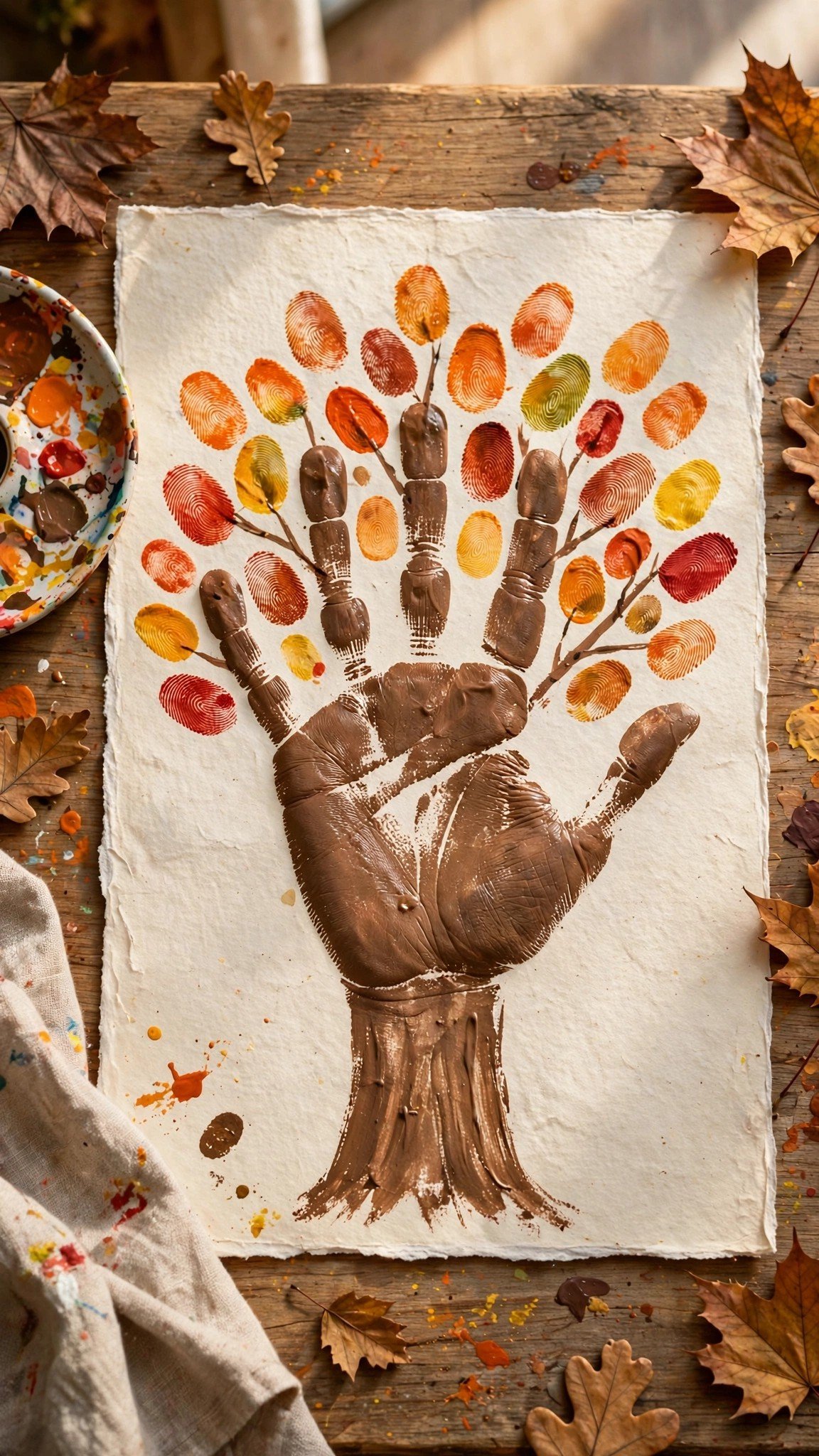 Handprint fall tree craft with colorful painted leaves