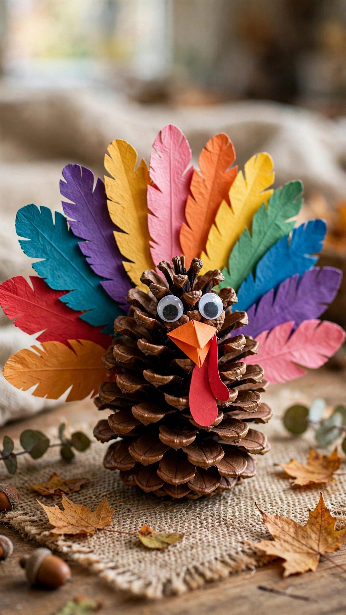 Pinecone turkey craft with colorful paper feathers