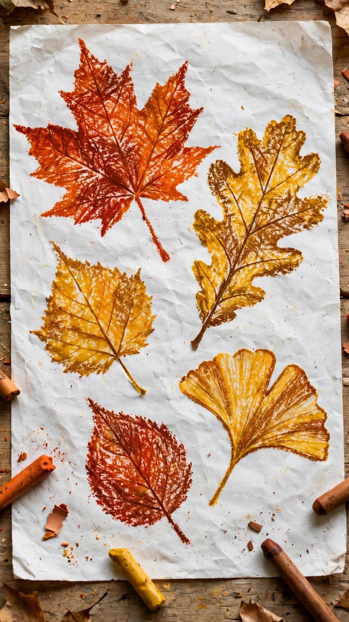 Leaf rubbing art with crayons in fall colors