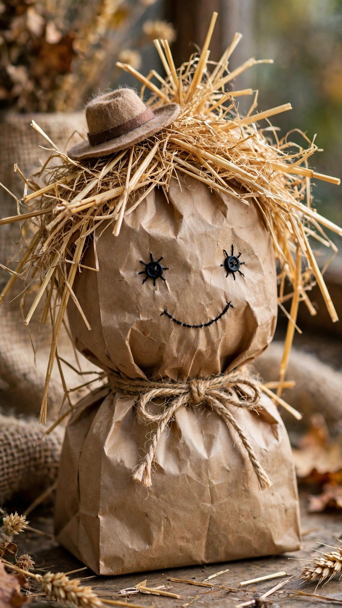 Paper bag scarecrow craft with straw hair