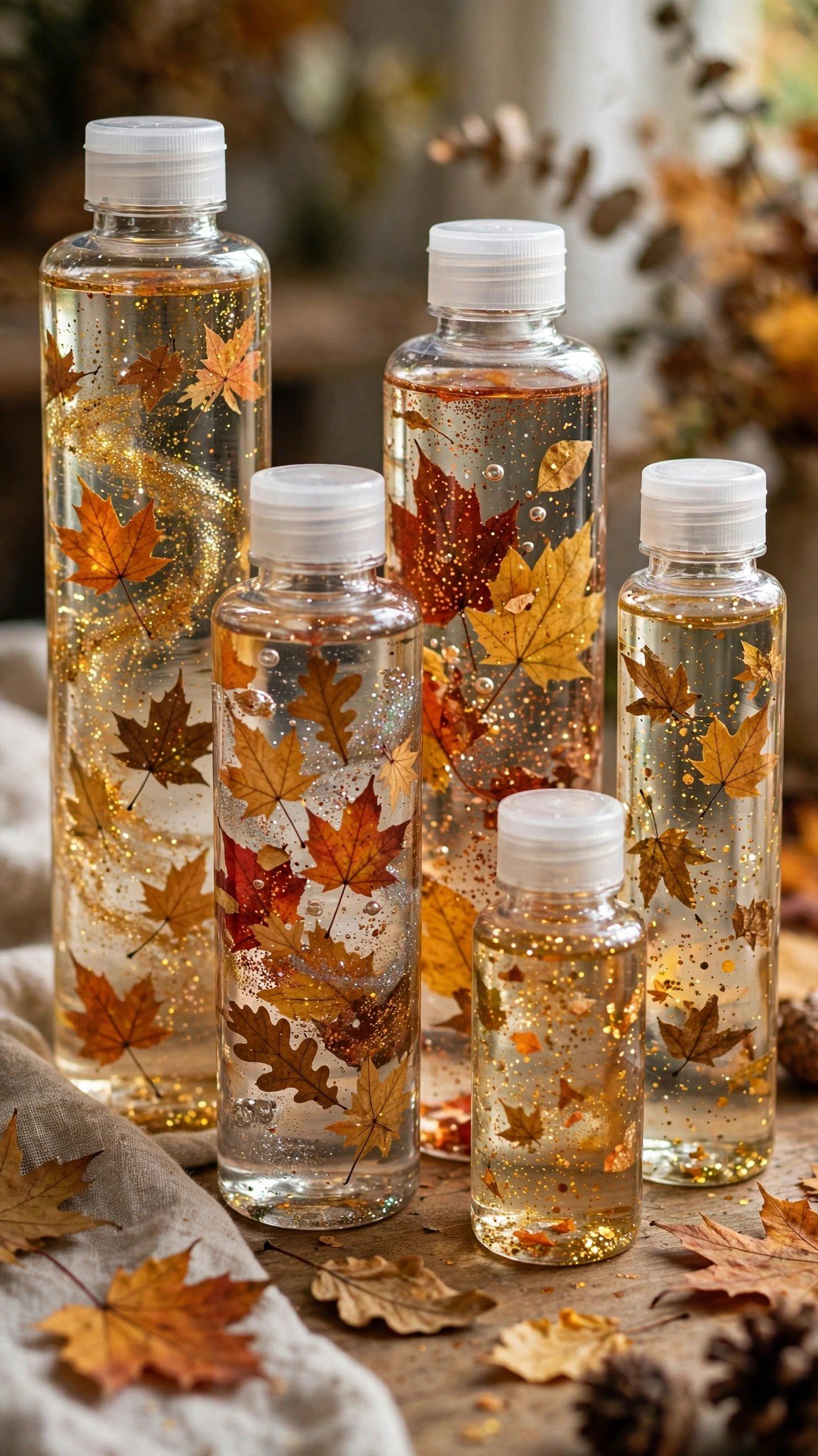 Fall sensory bottles with leaves glitter and water