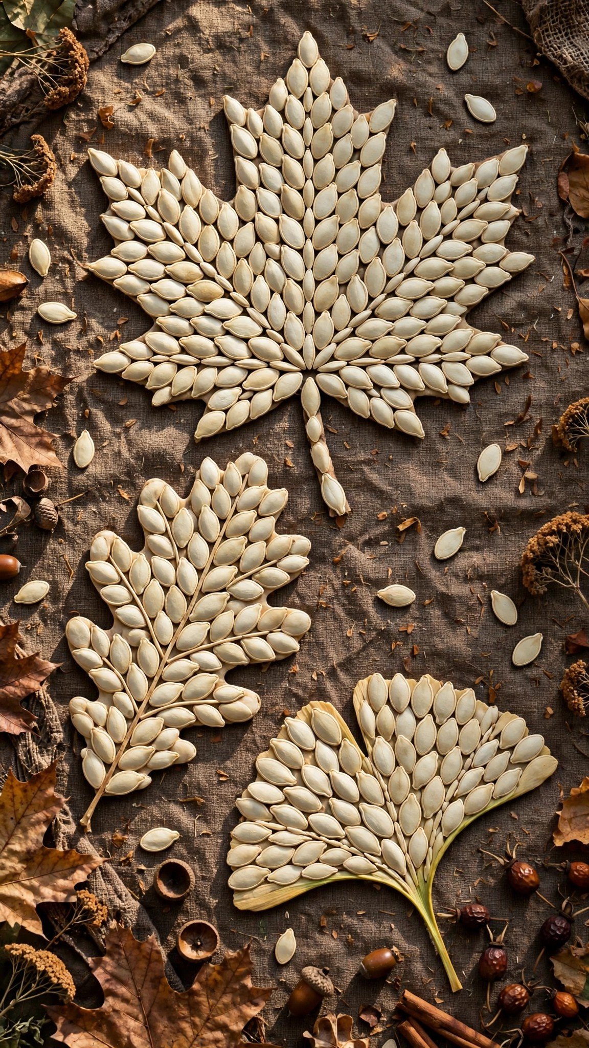Pumpkin seed mosaic art in fall leaf shapes