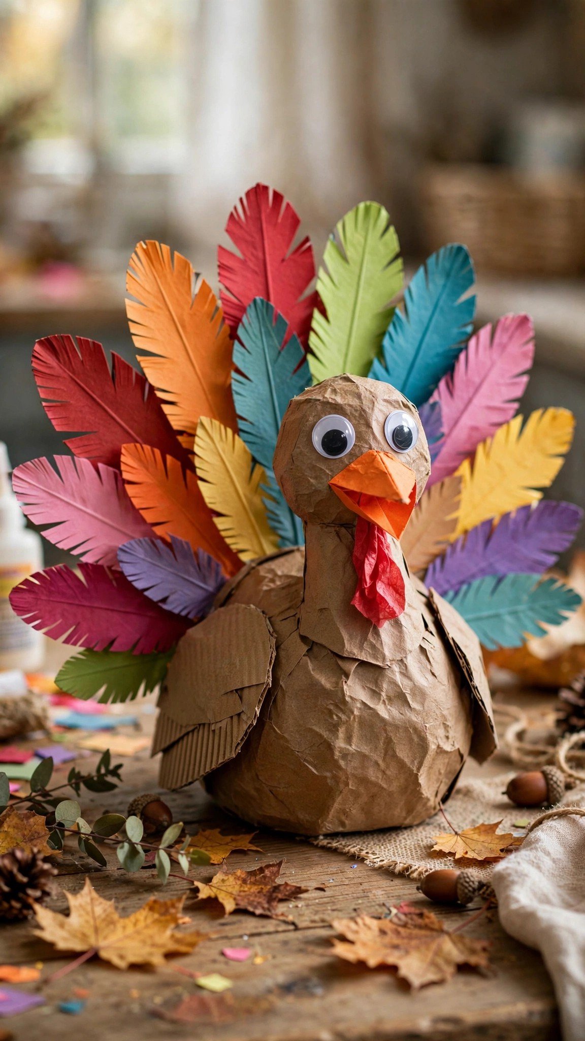 Thankful turkey craft with paper feathers listing gratitudes