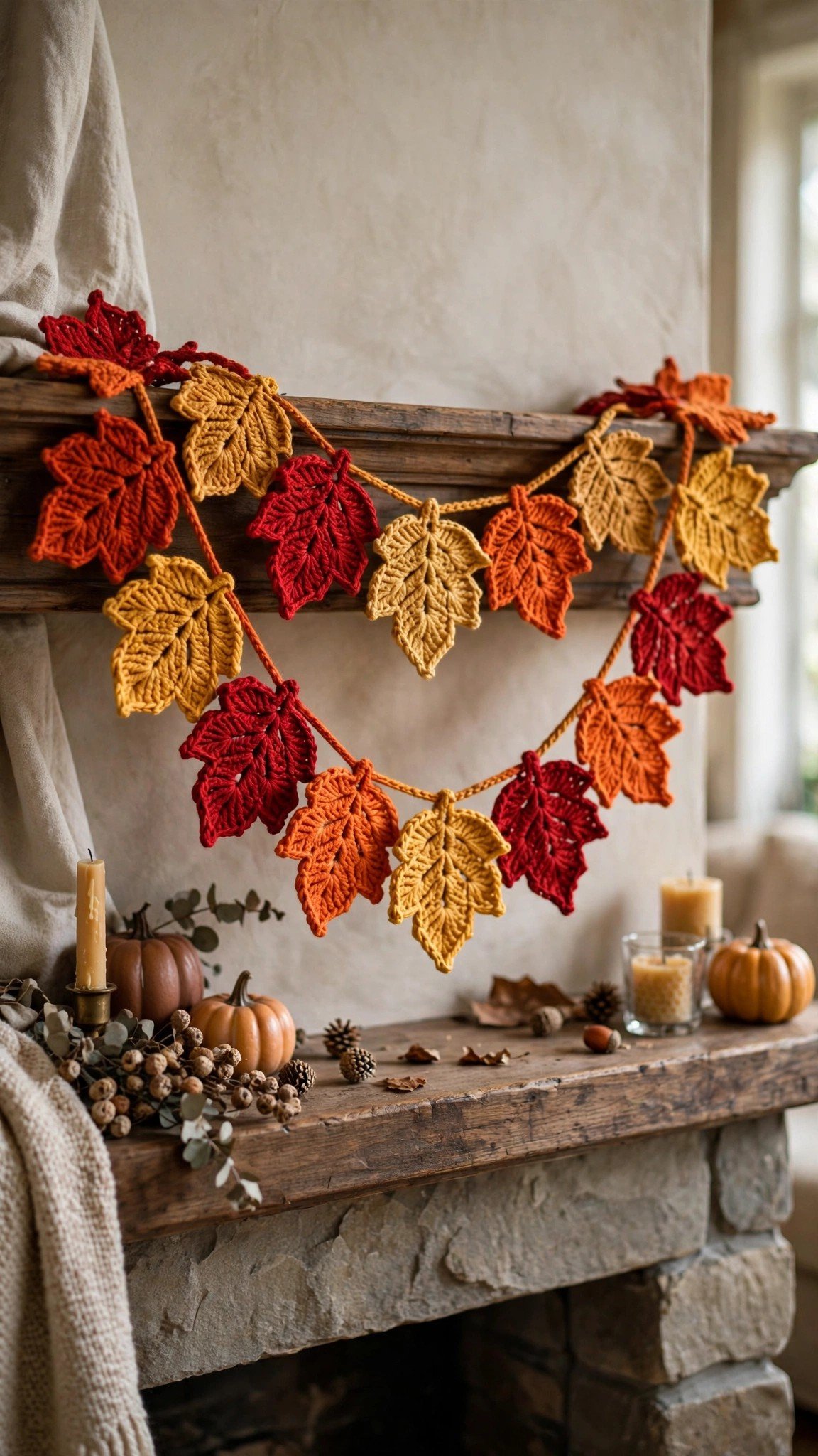 Crocheted fall leaf garland in red orange and gold