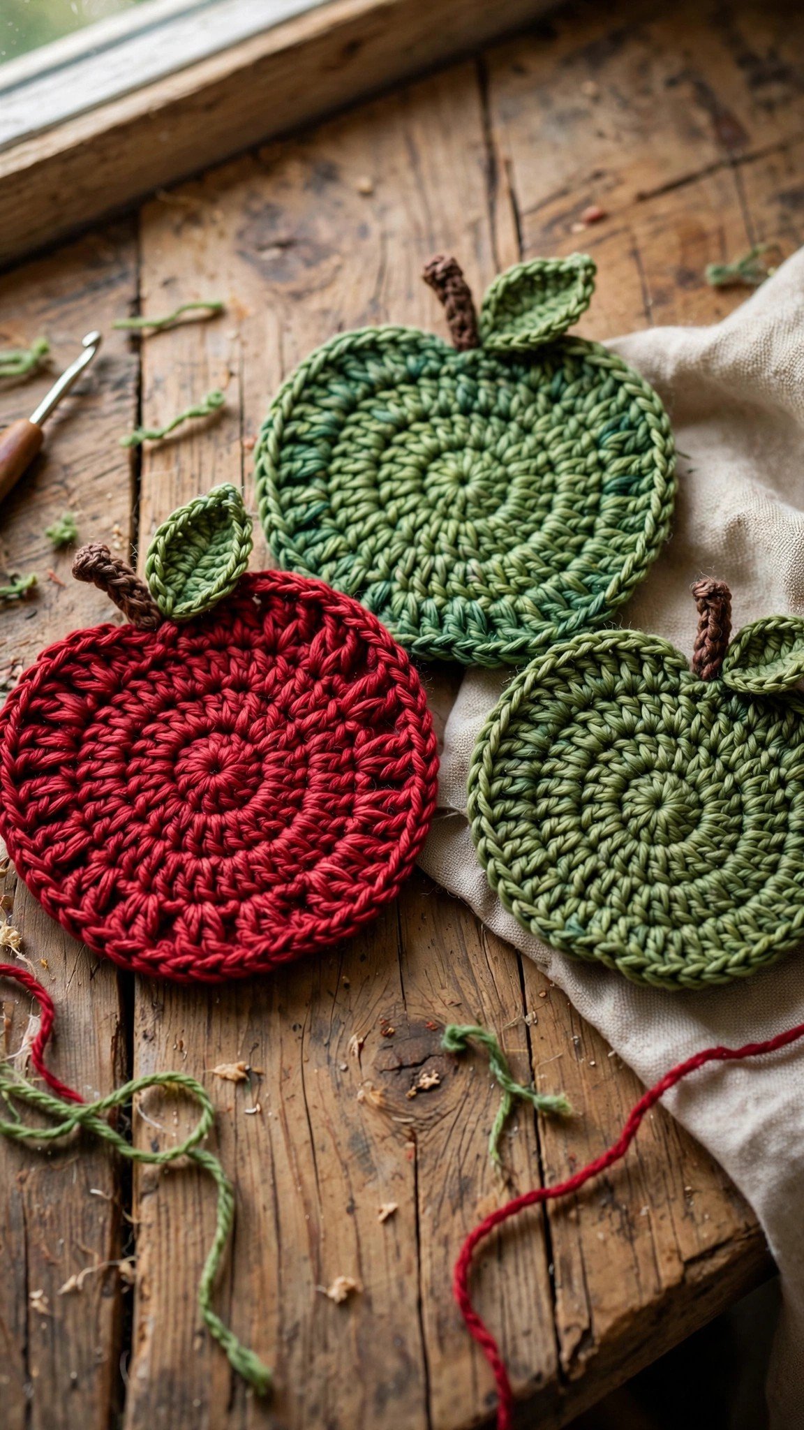 Crocheted apple coasters in red and green