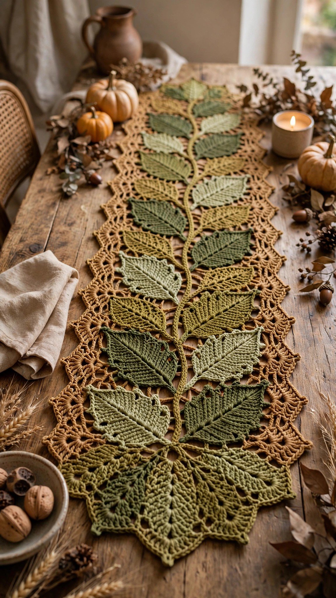 Crocheted harvest table runner with leaf pattern