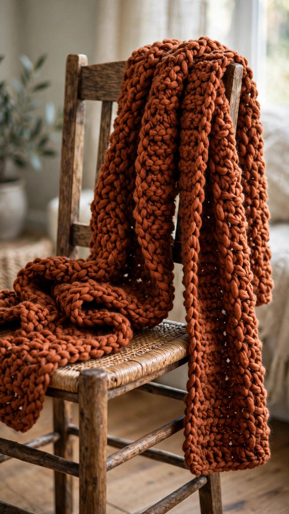 Chunky crochet scarf in rust with knit-like texture