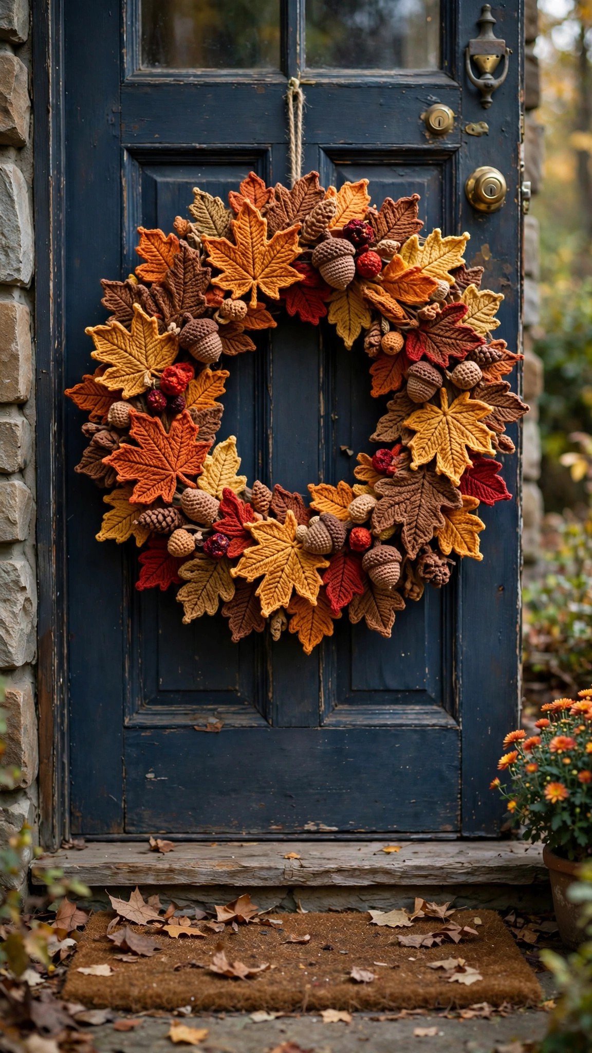 Fall wreath with crocheted leaves in autumn colors