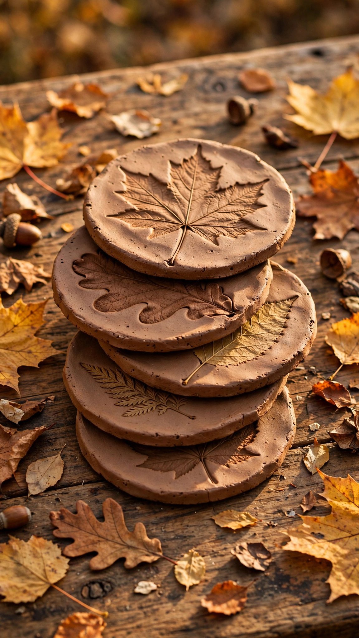 Clay coasters pressed with fall leaves