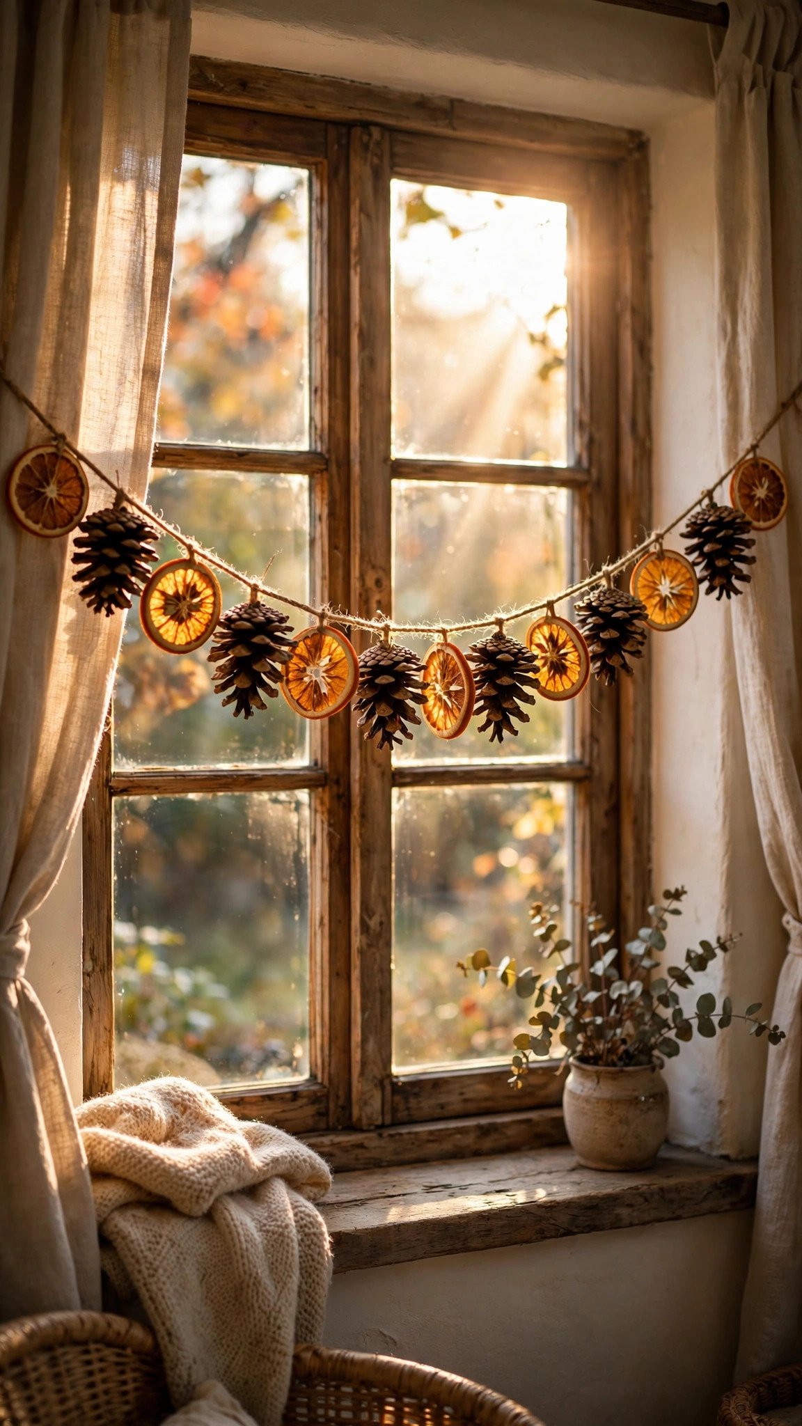 Cinnamon-scented pinecone garland hanging on a wall