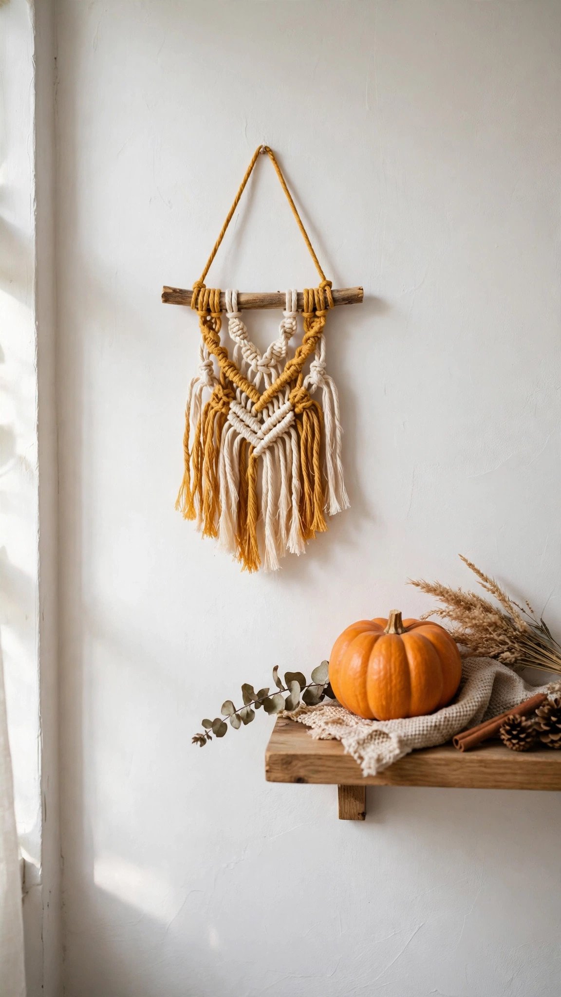 Mini macrame wall hanging in fall colors