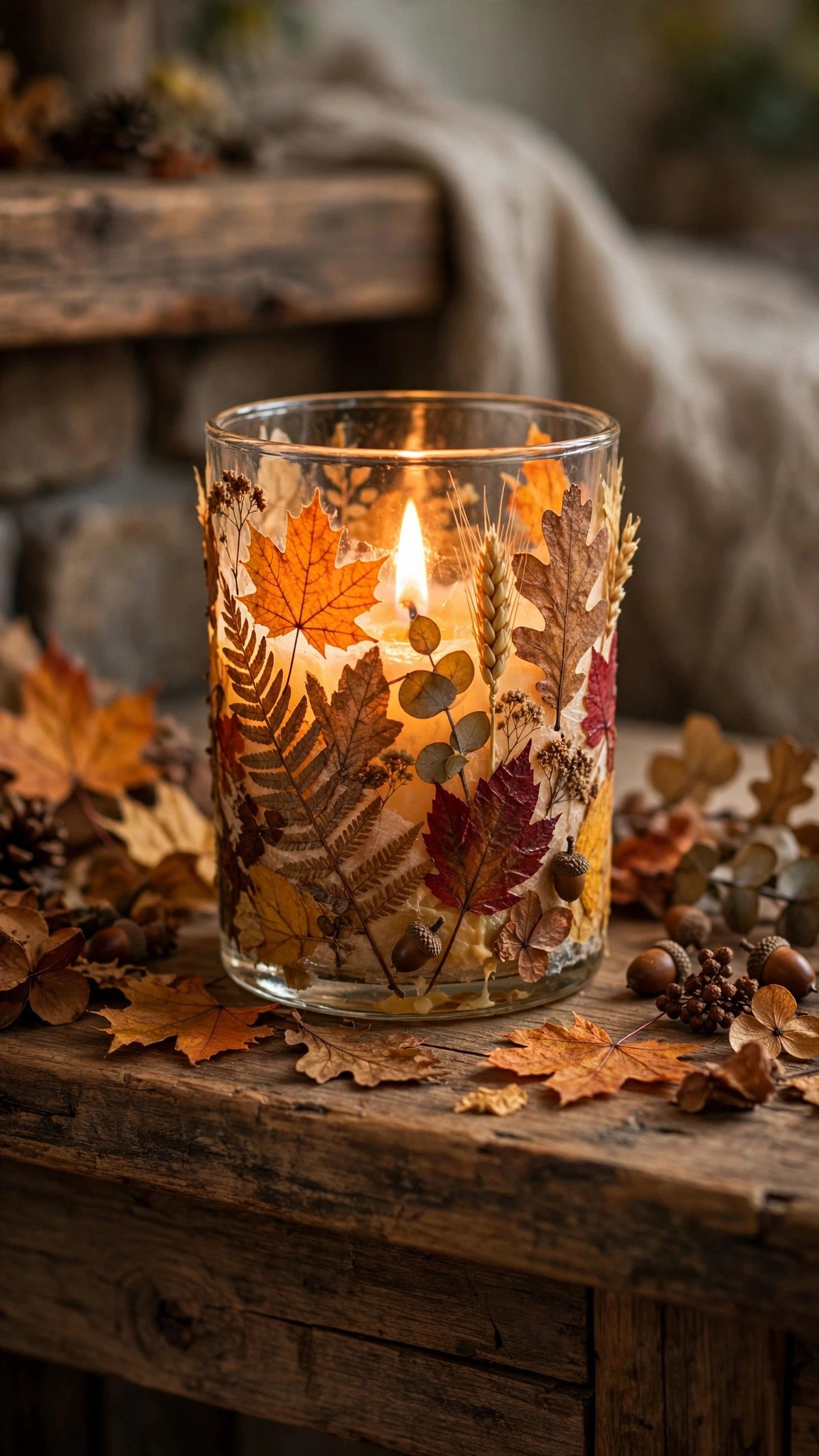 Decoupaged harvest candle holder glowing