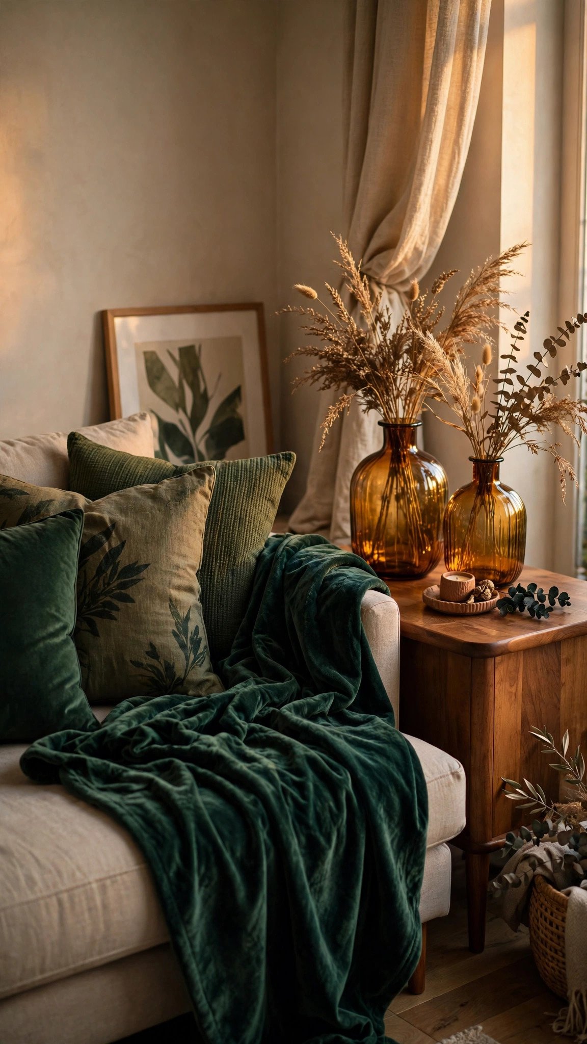 Emerald green fall decor in a stylish living room