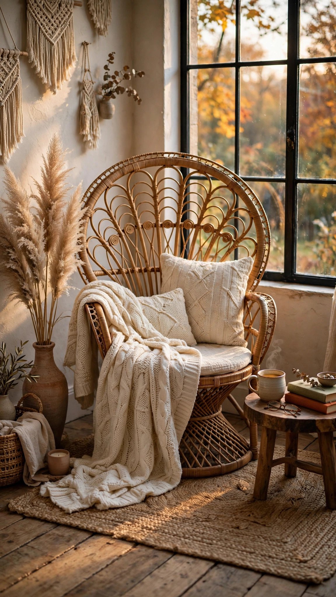 Boho reading nook with rattan chair and cream fall textiles