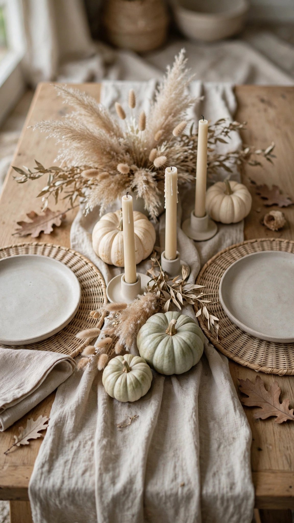 Minimalist neutral fall tablescape with cream pumpkins