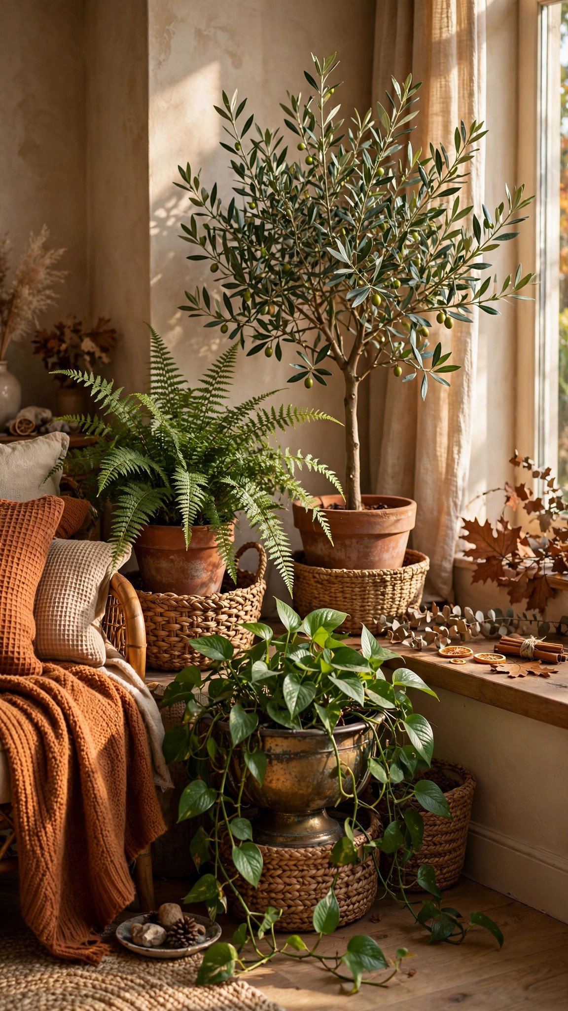 Indoor plants styled as fall decor in a sunlit room
