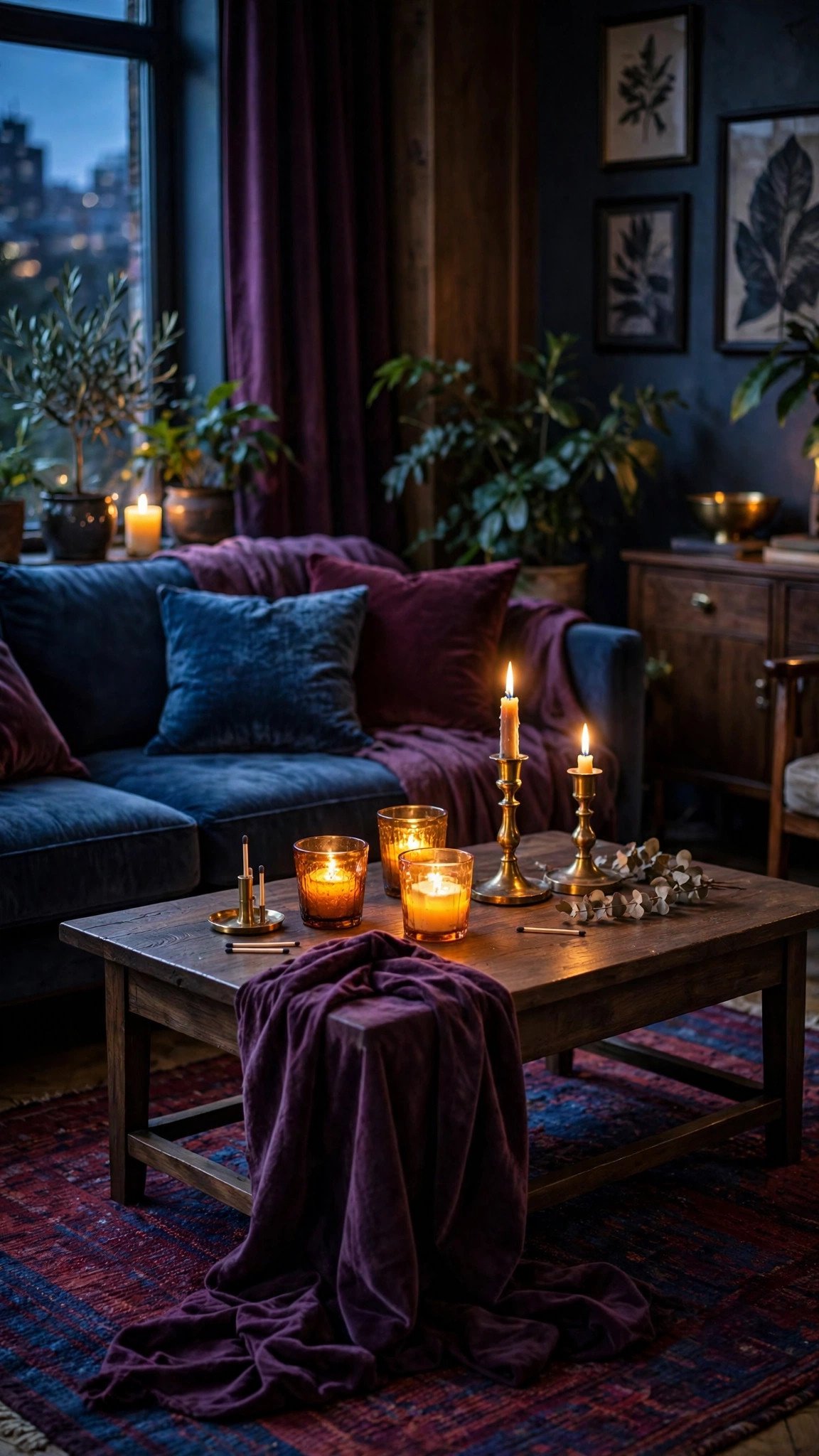 Living room with jewel tone fall decor in sapphire and burgundy