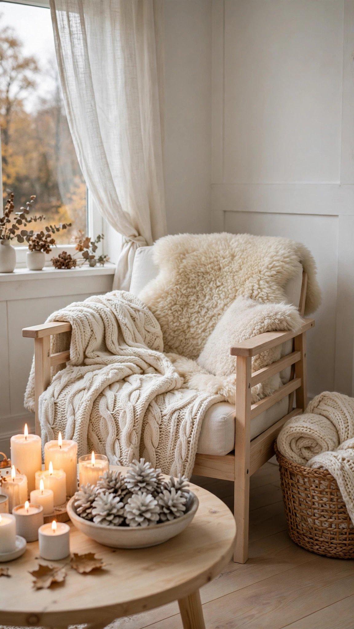 Scandinavian white fall living room with sheepskin throws