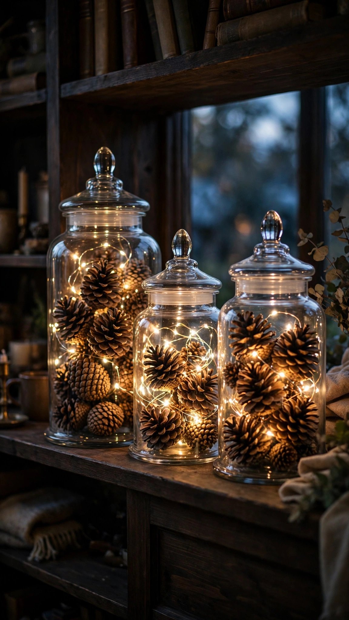 Glass jars filled with pinecones and warm fairy lights