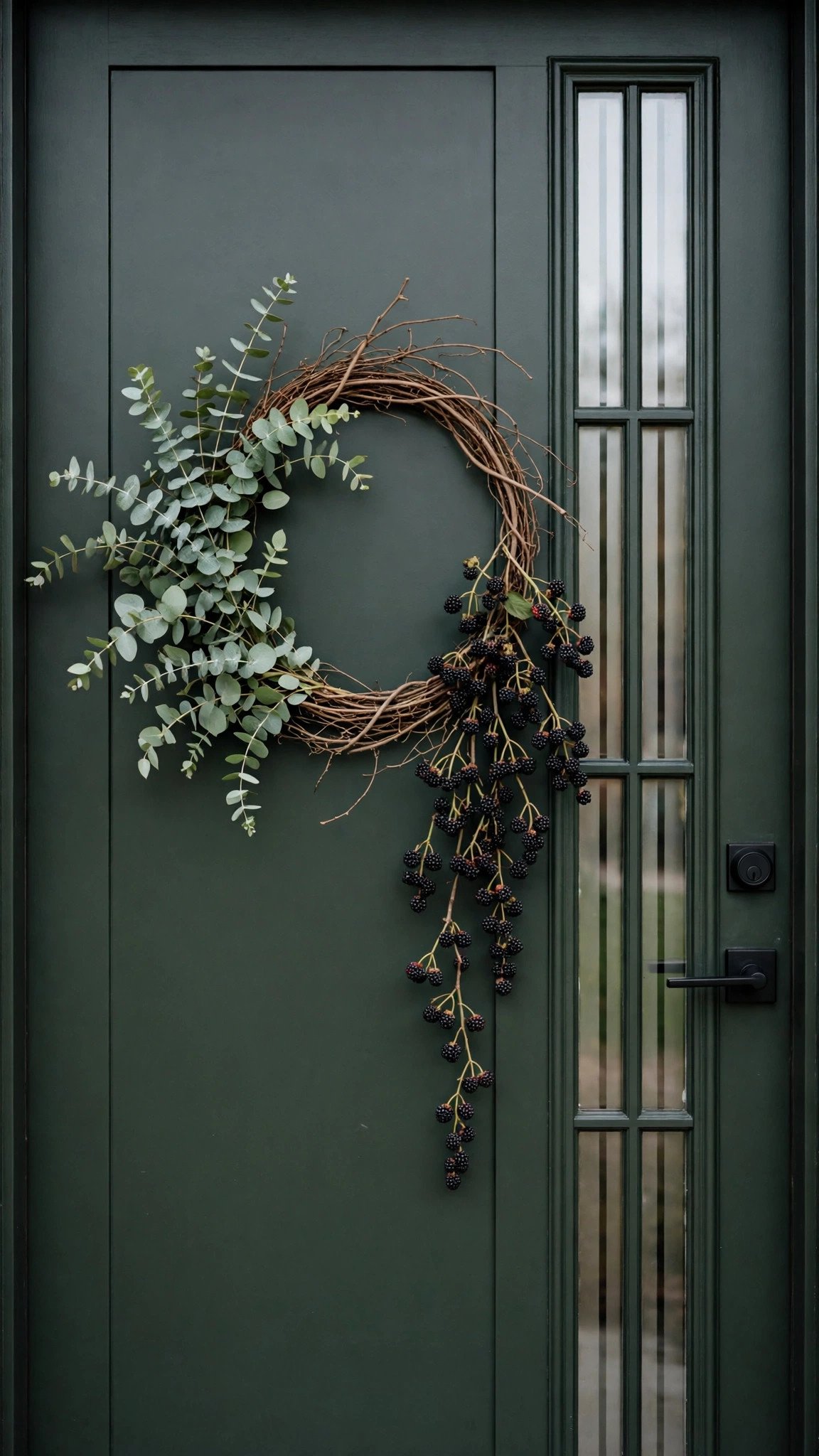 Asymmetrical eucalyptus wreath on a modern front door