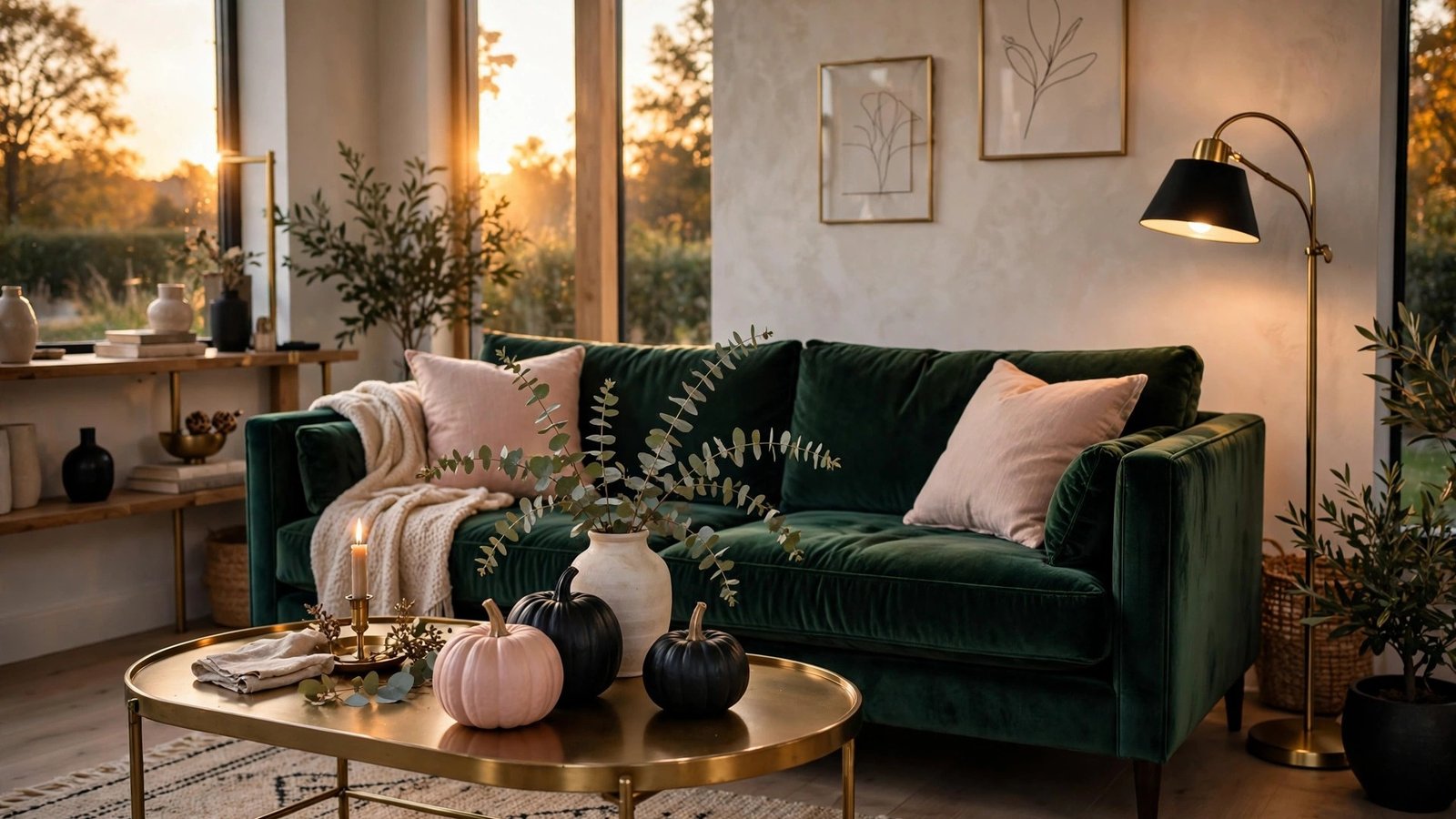 Non-traditional fall decor ideas - emerald green living room with painted pumpkins and eucalyptus