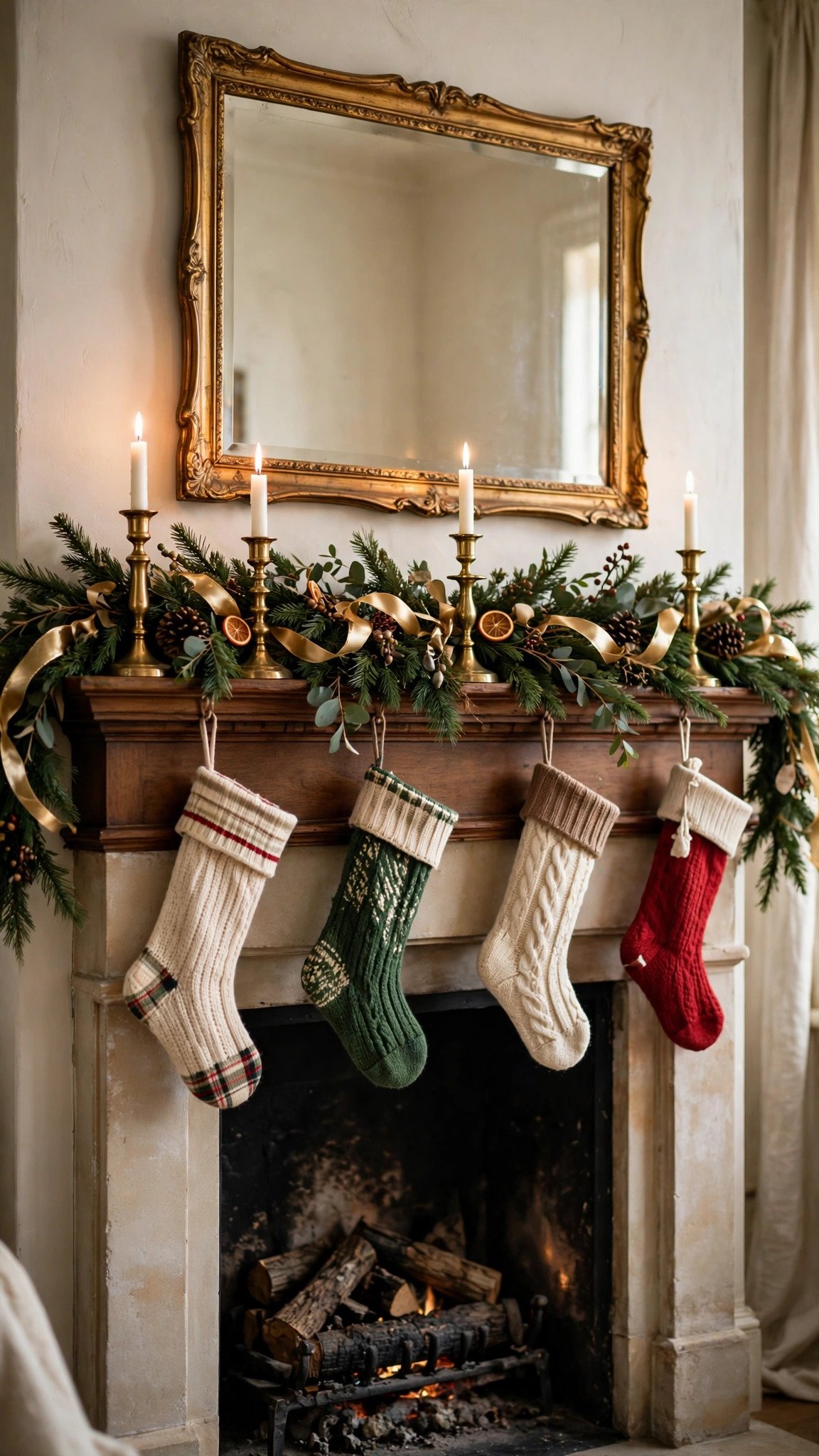 Fireplace mantel with classic green garland, brass candlesticks and stockings