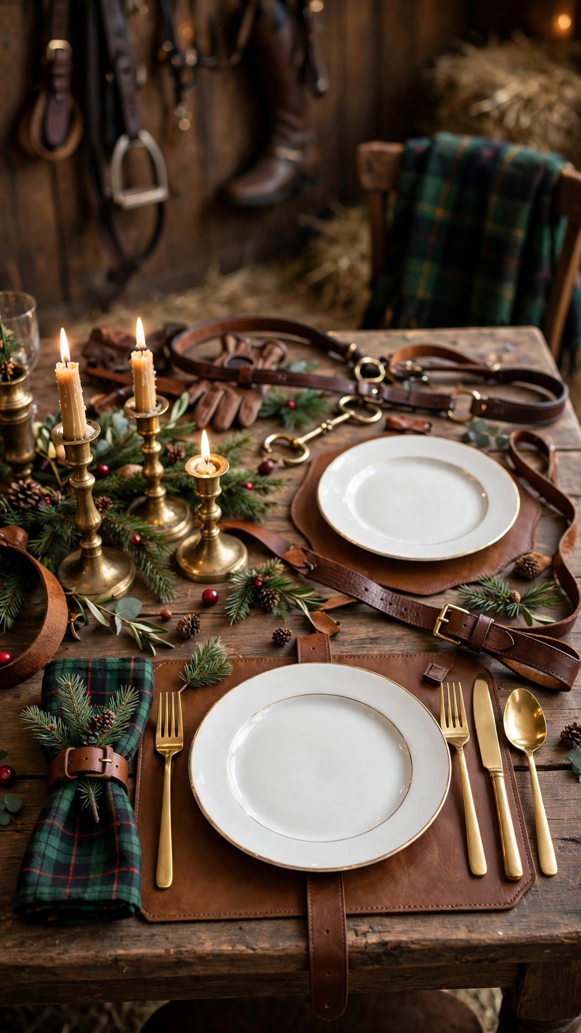 Elegant Christmas dinner table with plaid napkins, brass candle holders and pine sprigs