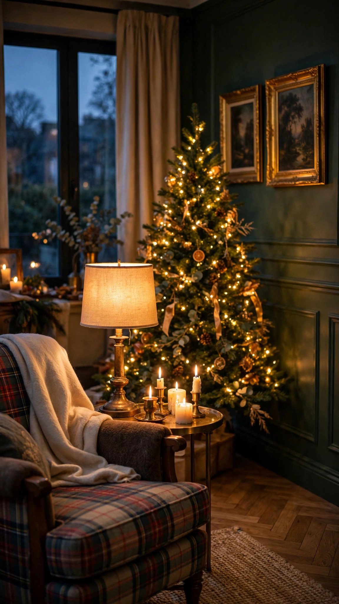 Warm living room glowing with brass lamps and candlelight at Christmas