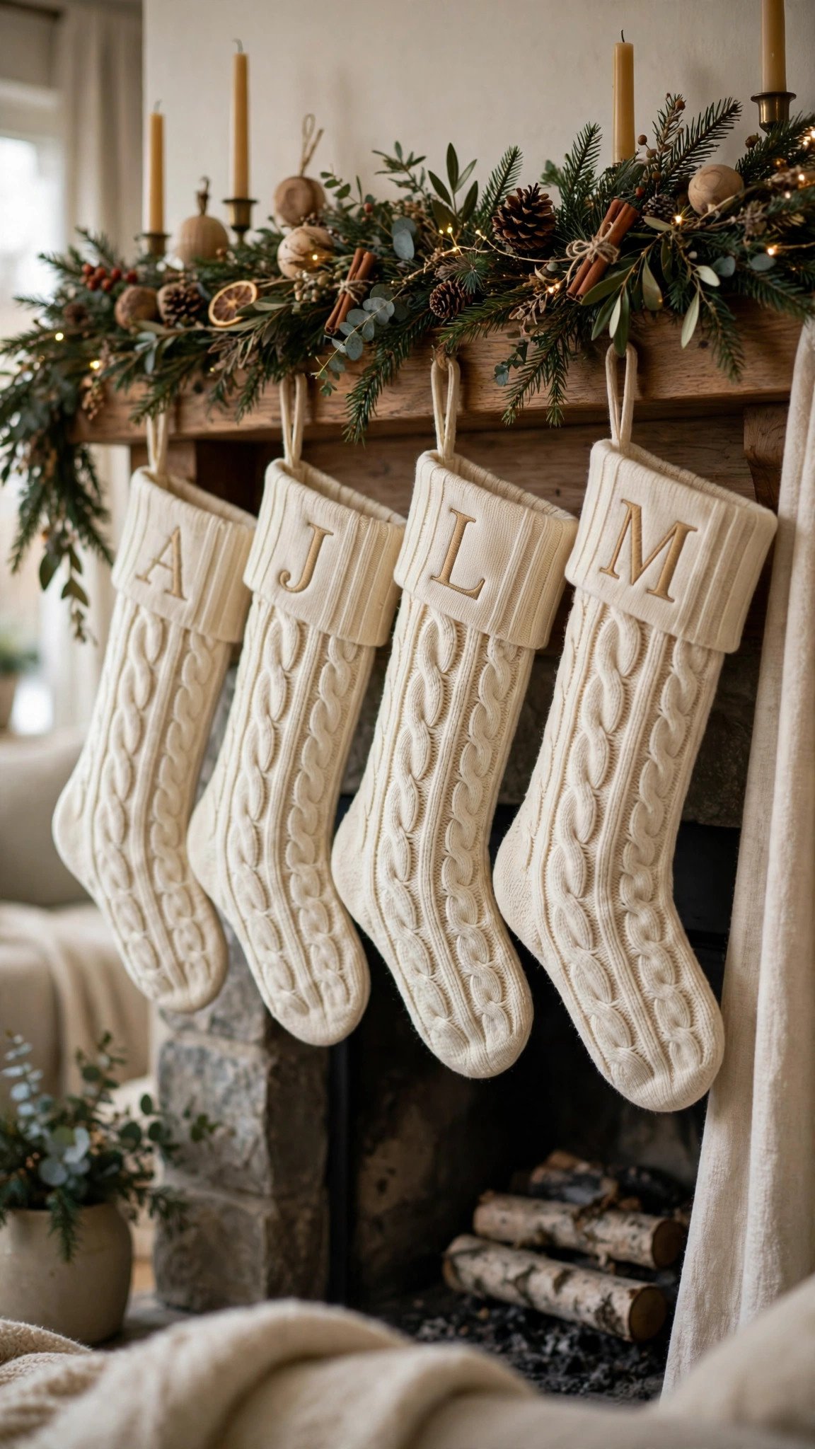 Monogrammed cream cable knit Christmas stockings hanging from a mantel