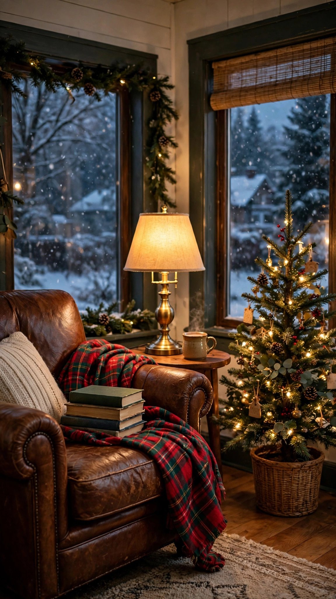 Cozy Christmas reading nook with leather armchair, plaid blanket and small tree