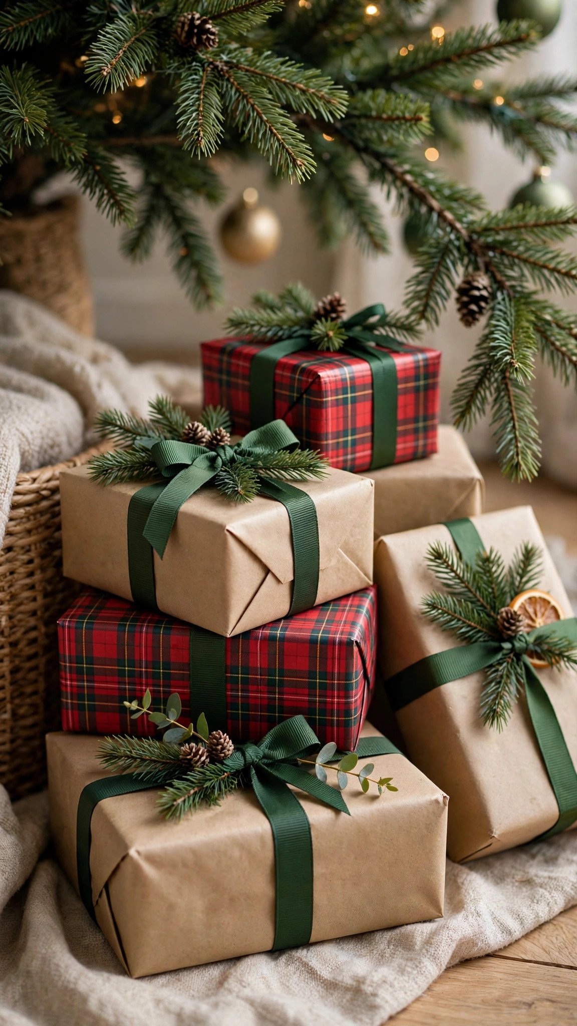 Christmas gifts wrapped in kraft paper, plaid paper and grosgrain ribbon