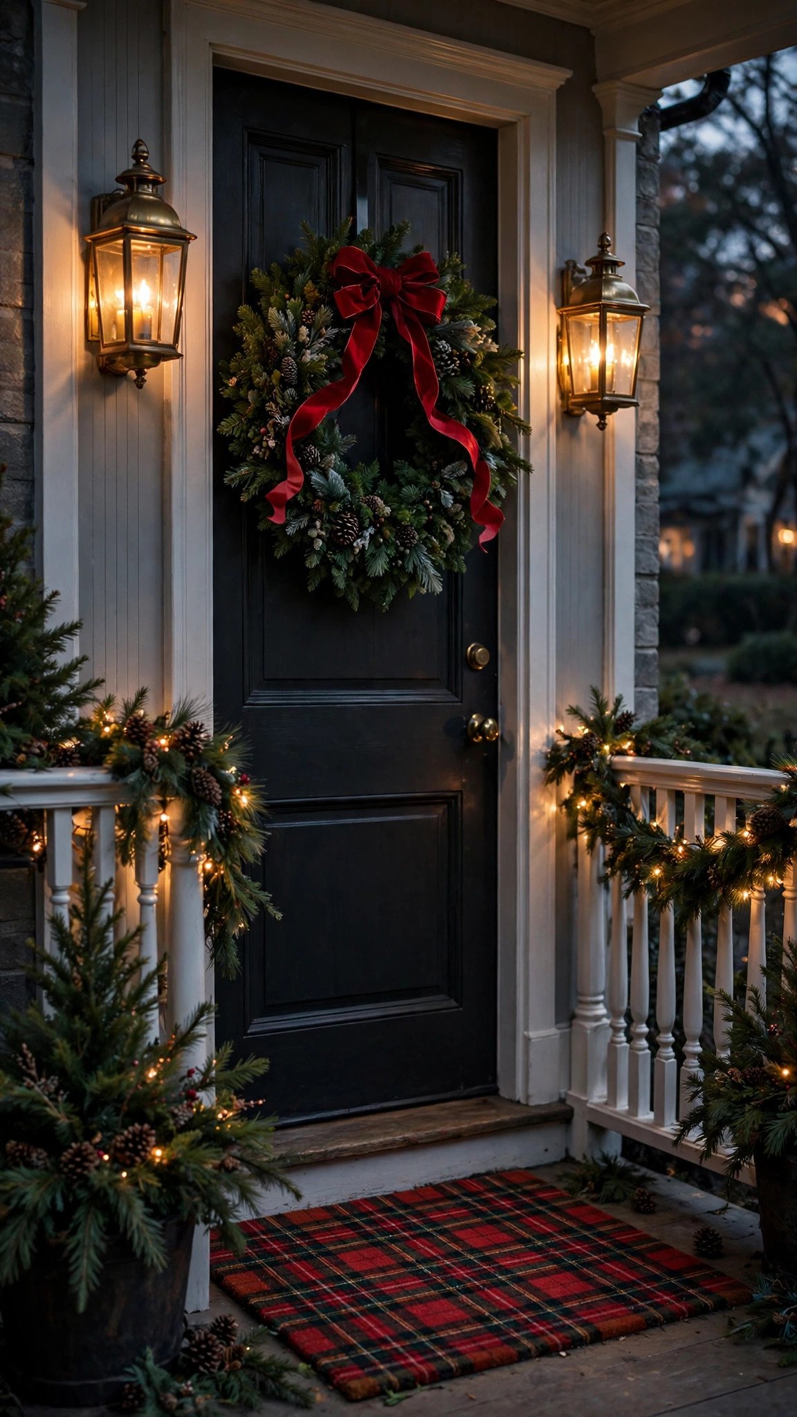Classic elegant Christmas front porch with wreath, brass lanterns and garland