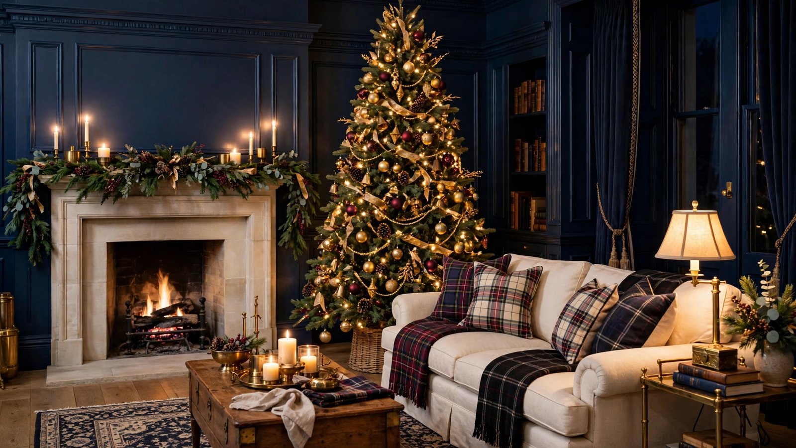 Classic Ralph Lauren style Christmas living room in navy and cream