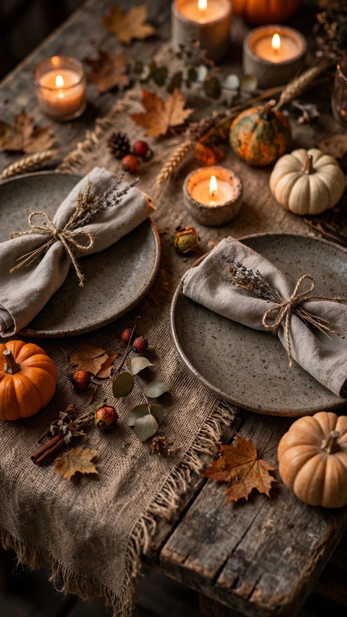 Rustic fall dining table with burlap runner and autumn place settings