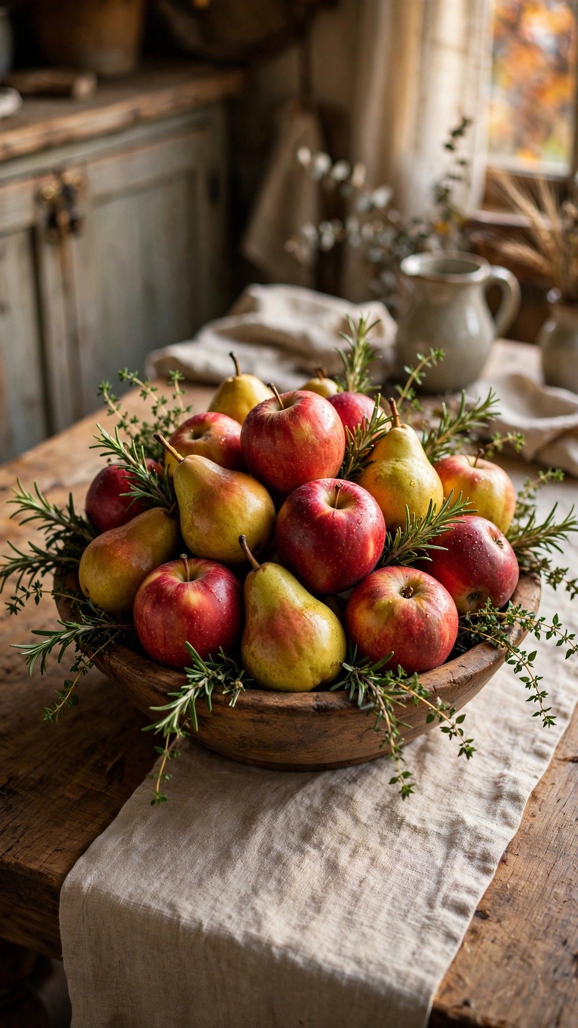 Fresh apples and herbs centerpiece on a rustic farmhouse dining table