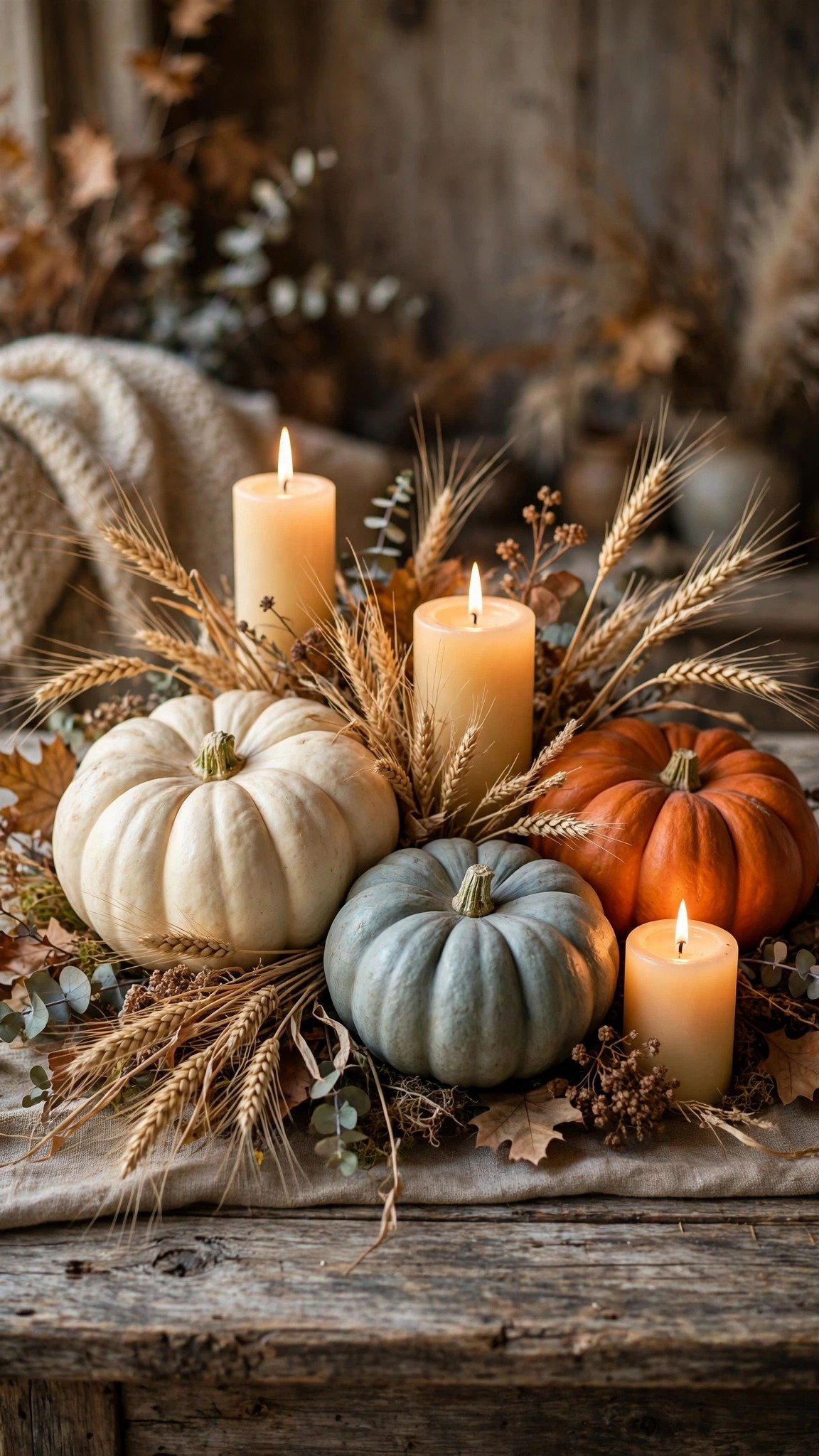 Rustic centerpiece with heirloom pumpkins and pillar candles on wood table
