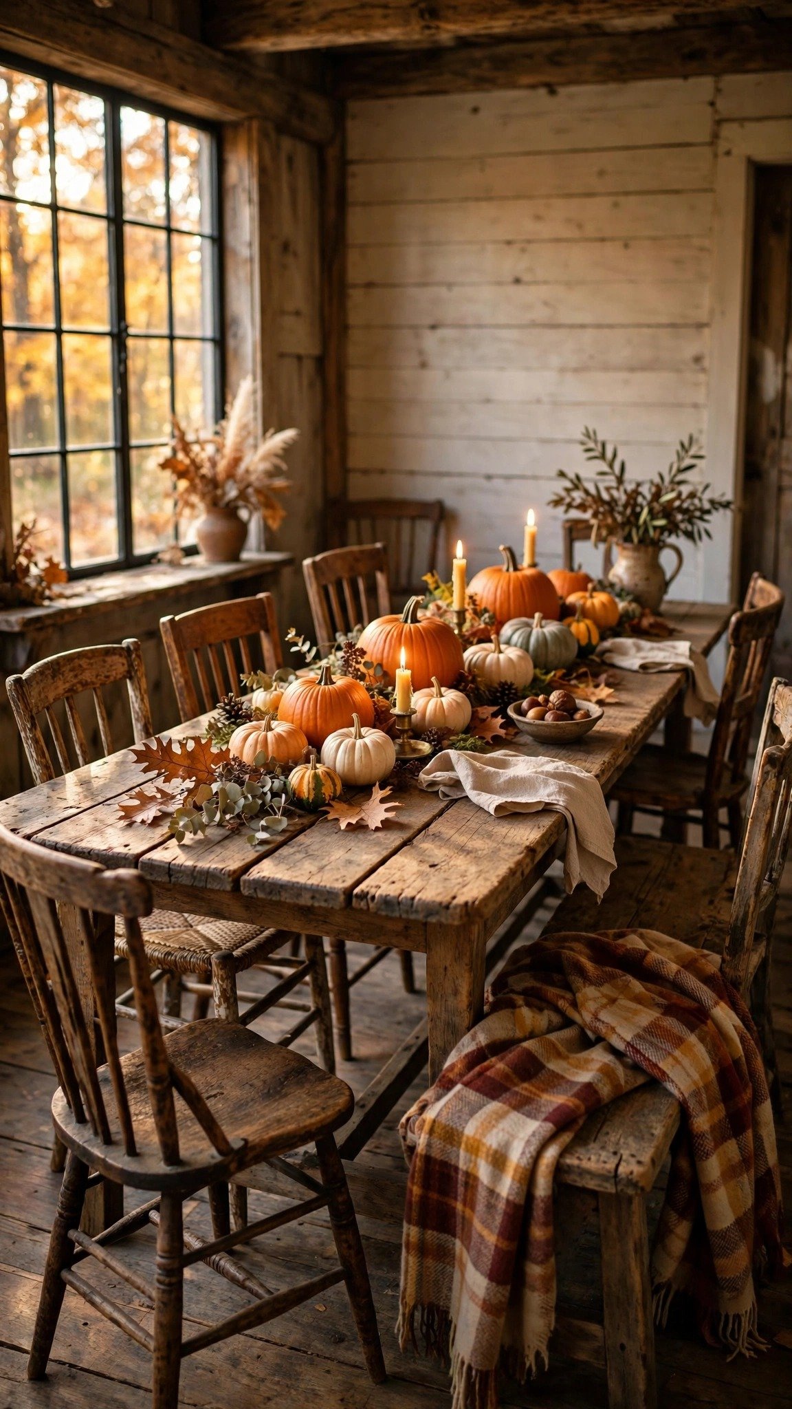 Farmhouse dining table with mismatched vintage wooden chairs in fall