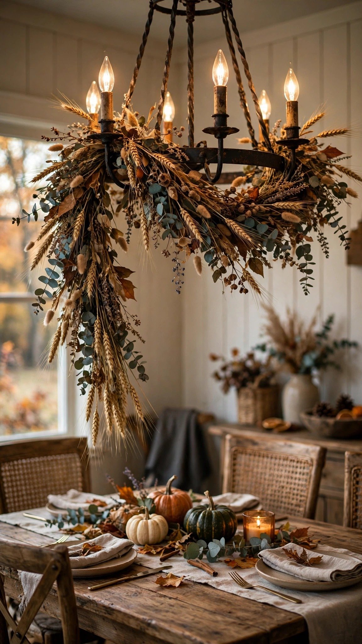 Dried wheat and eucalyptus garland draped in a rustic dining room