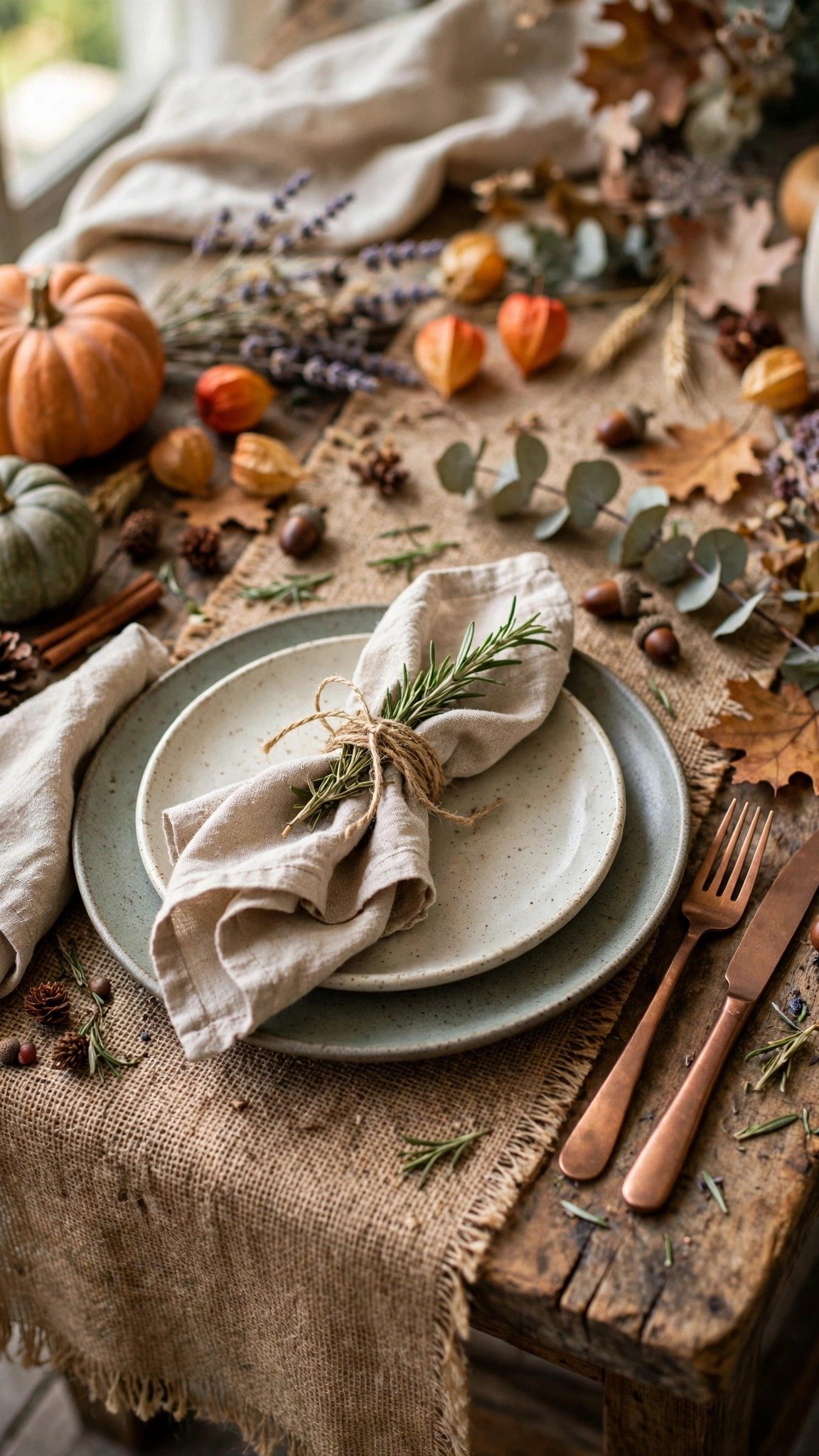 Rustic fall table setting with stoneware plates and linen napkins